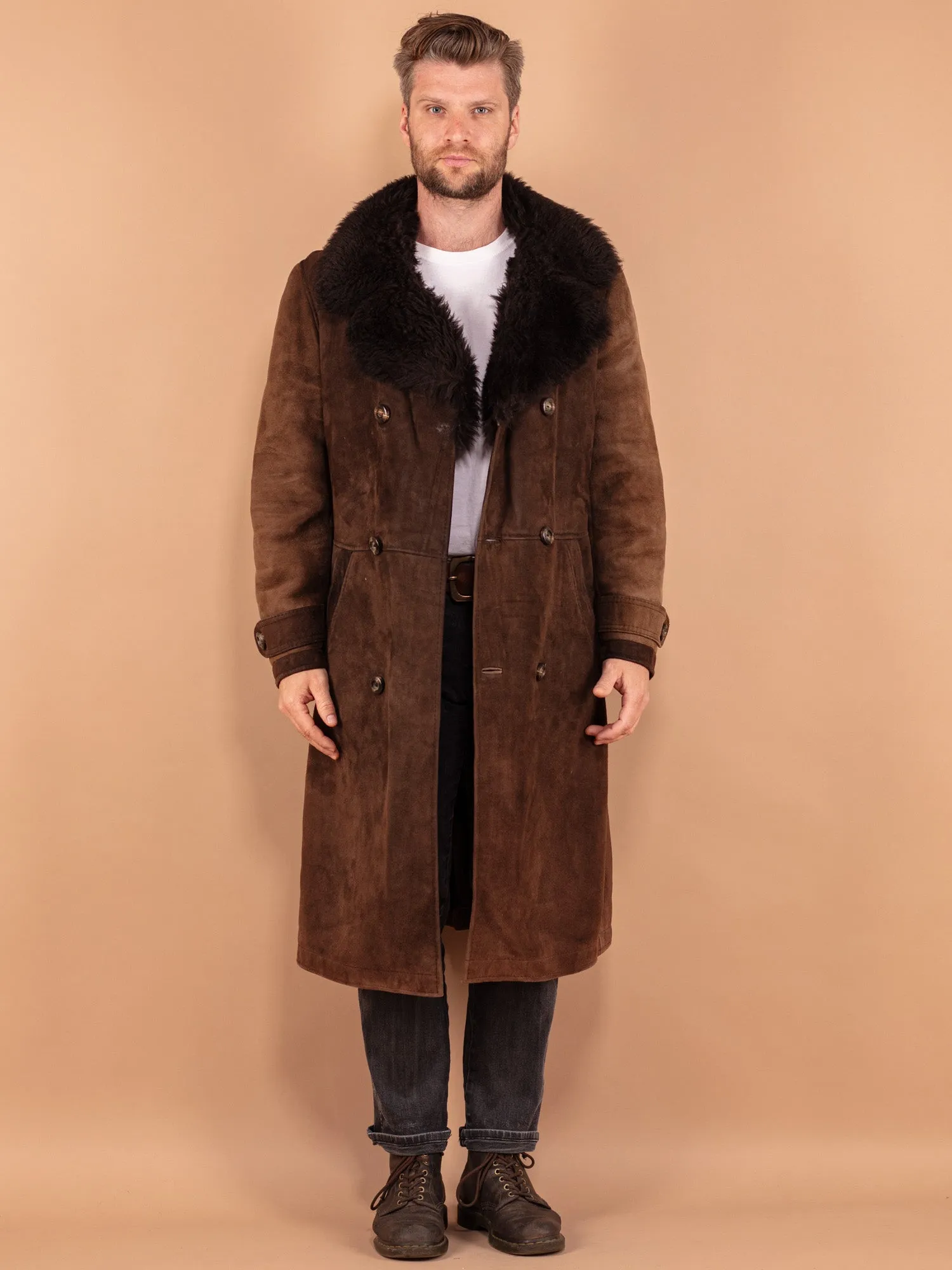 Vintage 70's Men Sheepskin Long Coat in Brown