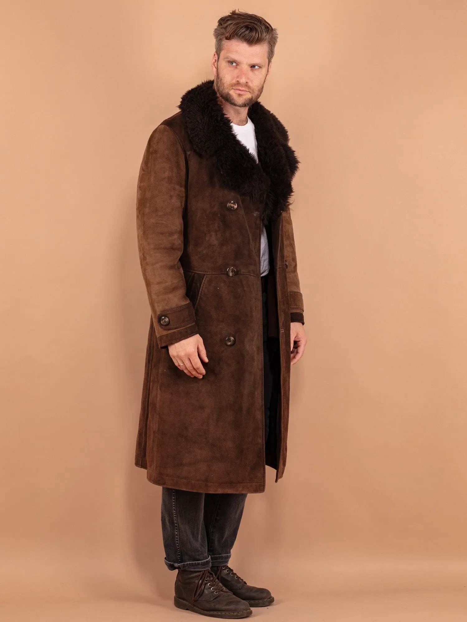 Vintage 70's Men Sheepskin Long Coat in Brown