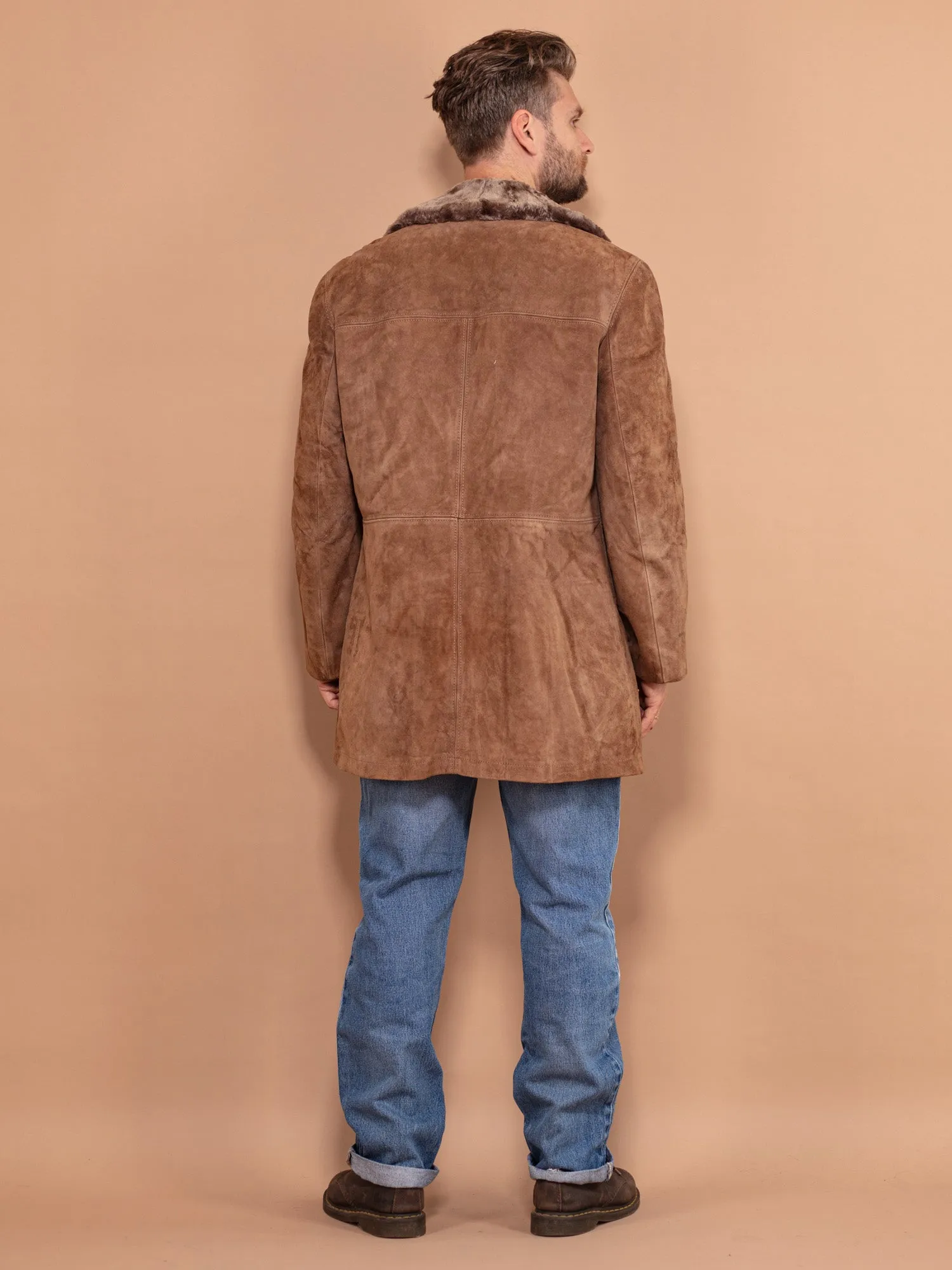 Vintage 70's Men Suede Sherpa Coat in Beige Brown