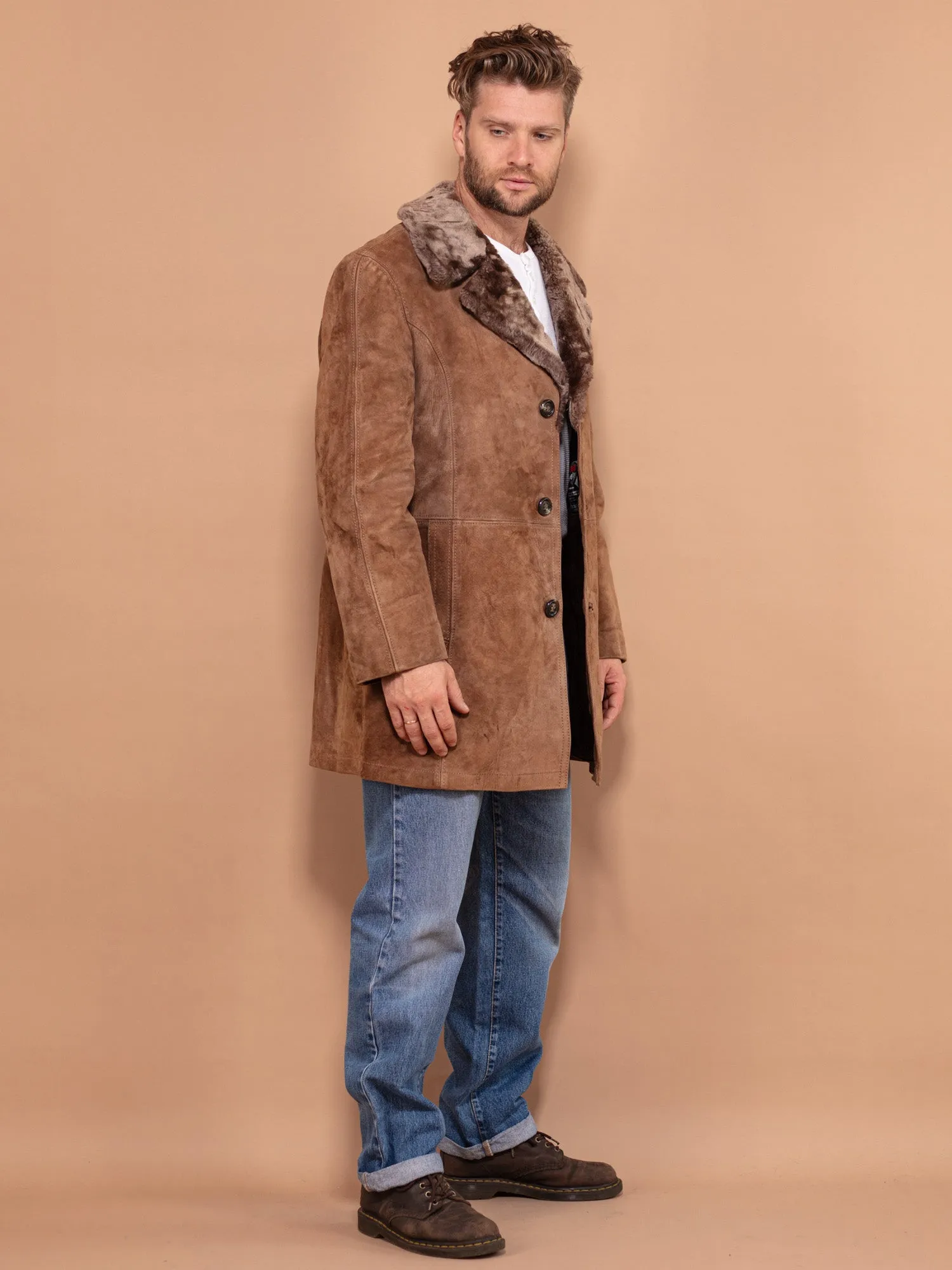 Vintage 70's Men Suede Sherpa Coat in Beige Brown