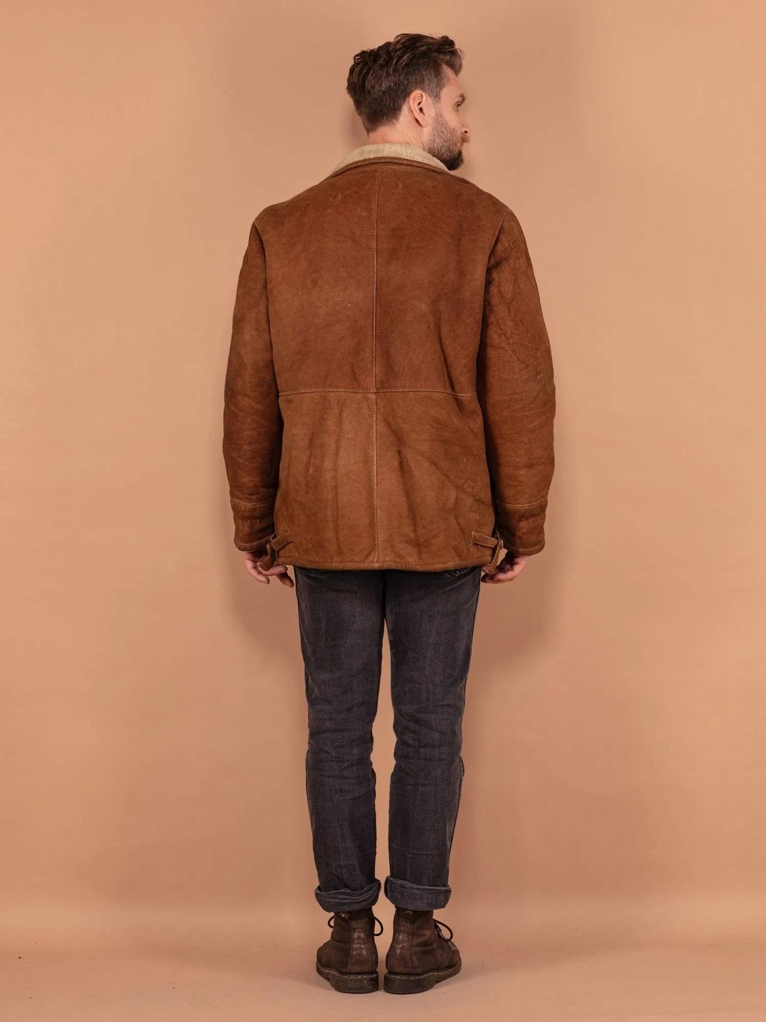 Vintage 70's Men Zip Up Sheepskin Coat in Brown