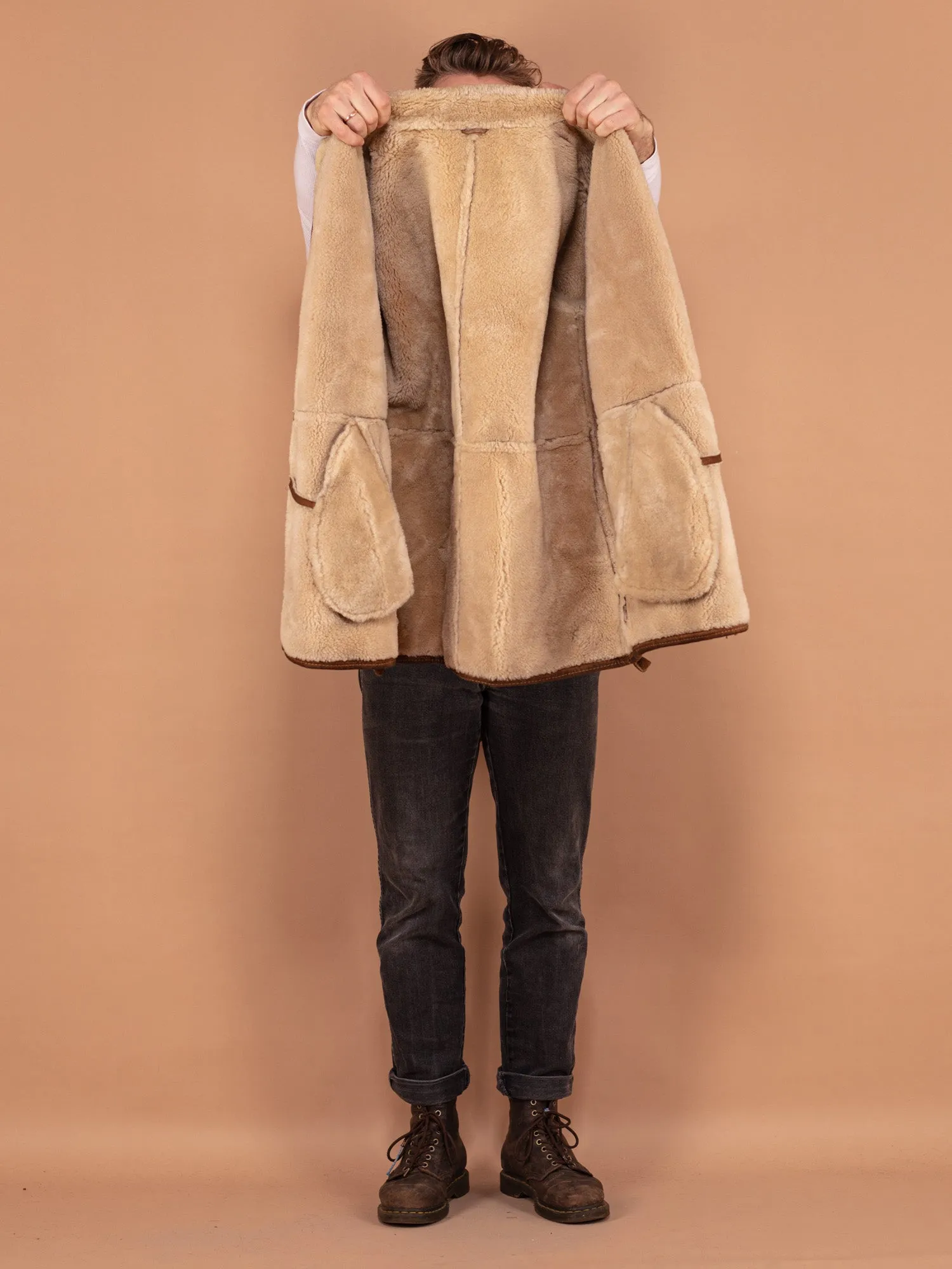 Vintage 70's Men Zip Up Sheepskin Coat in Brown