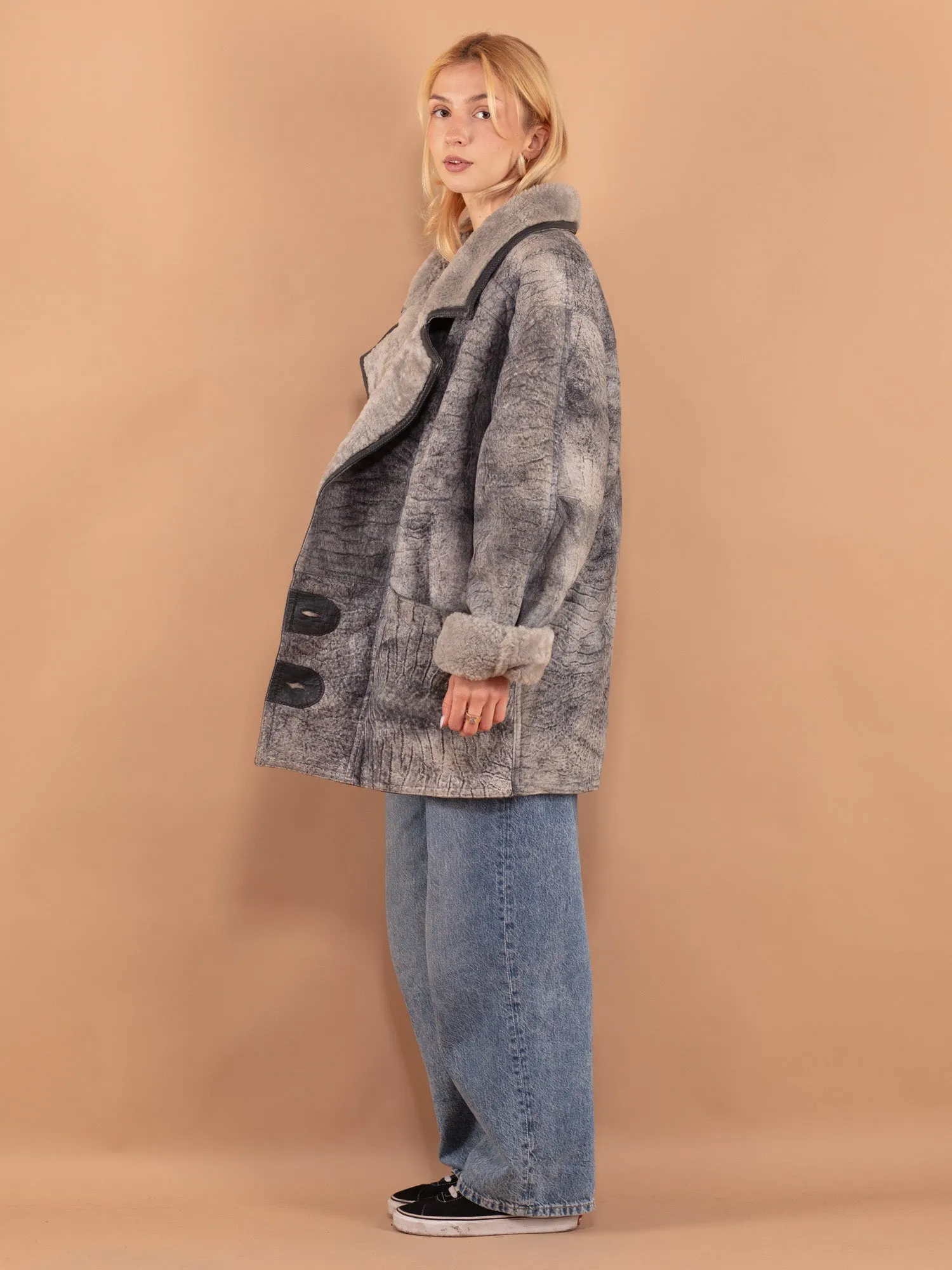 Vintage 70's Women Sheepskin Shearling Coat in Gray