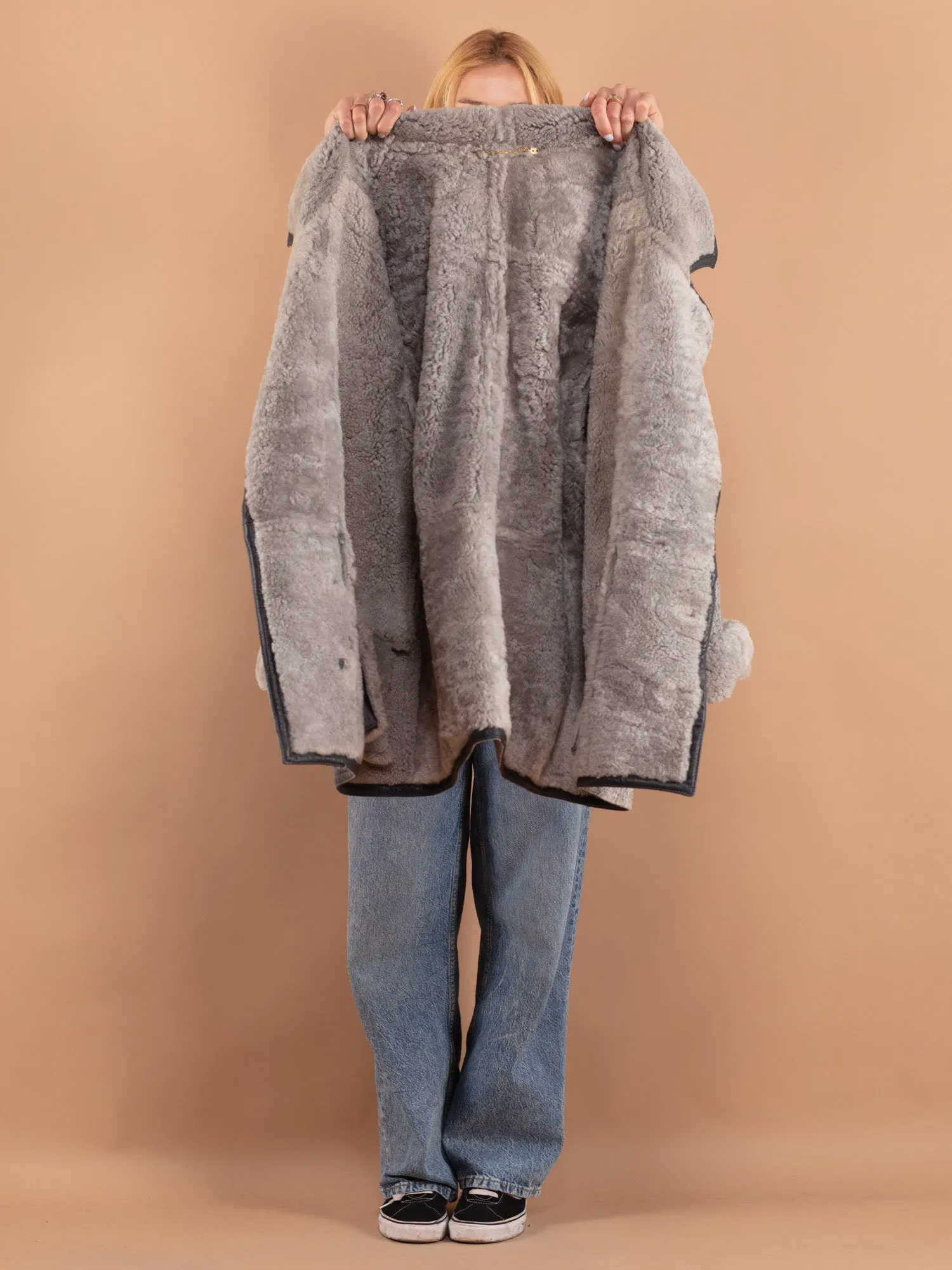 Vintage 70's Women Sheepskin Shearling Coat in Gray