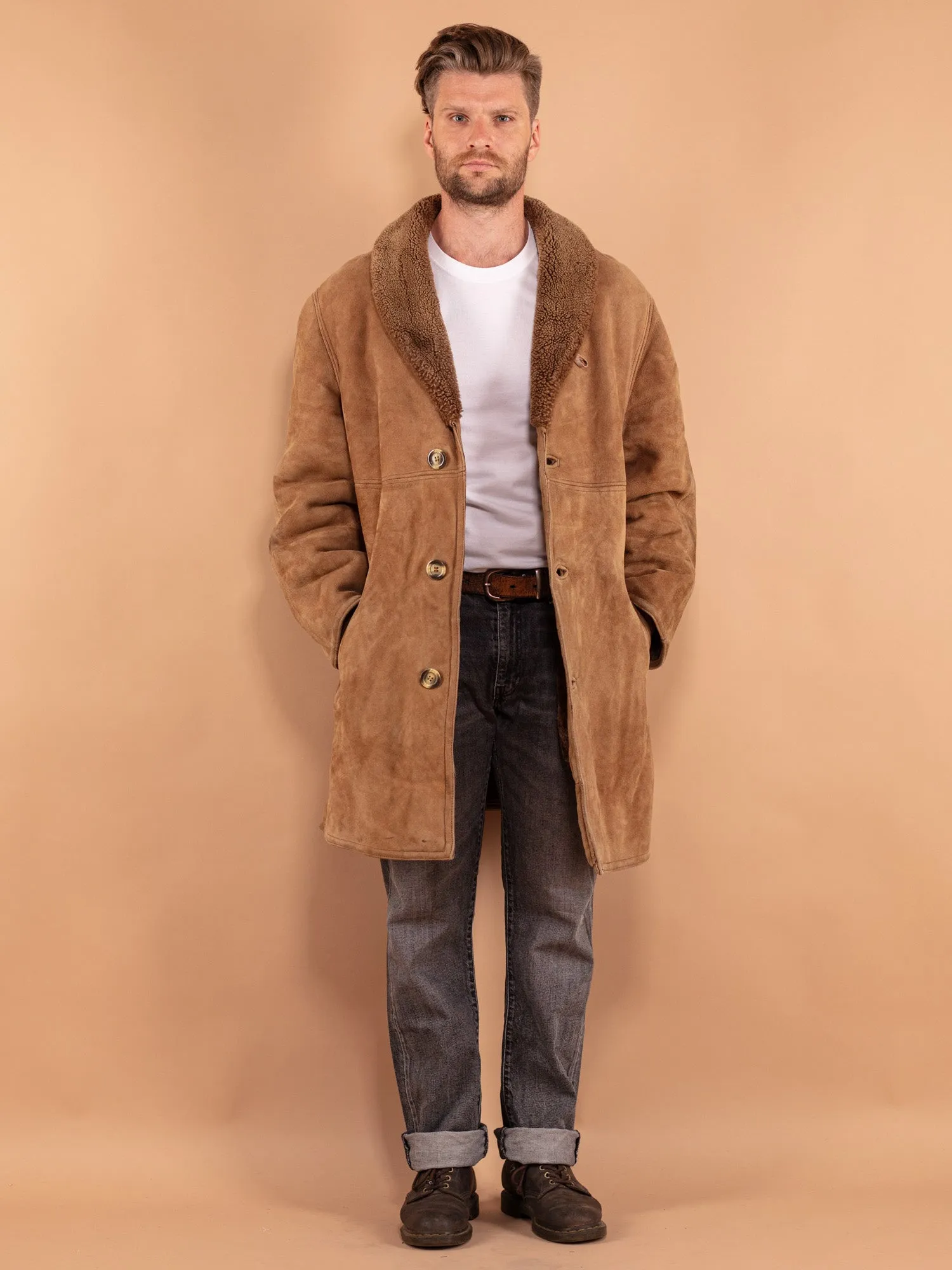 Vintage 80's Men Oversized Sheepskin Coat in Beige