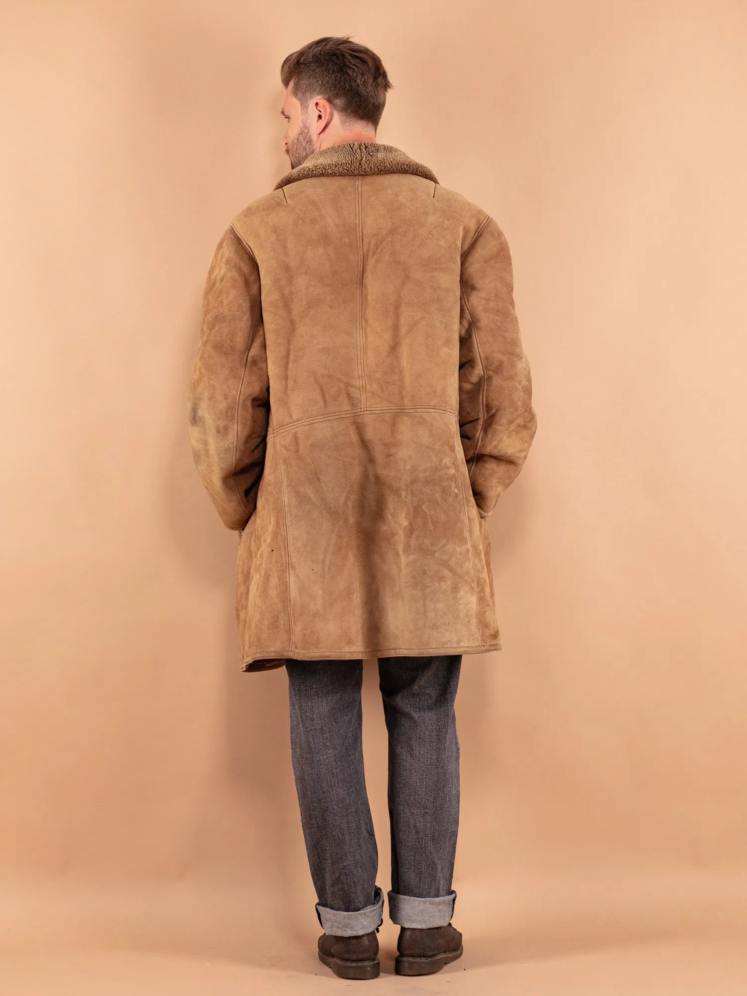 Vintage 80's Men Oversized Sheepskin Coat in Beige