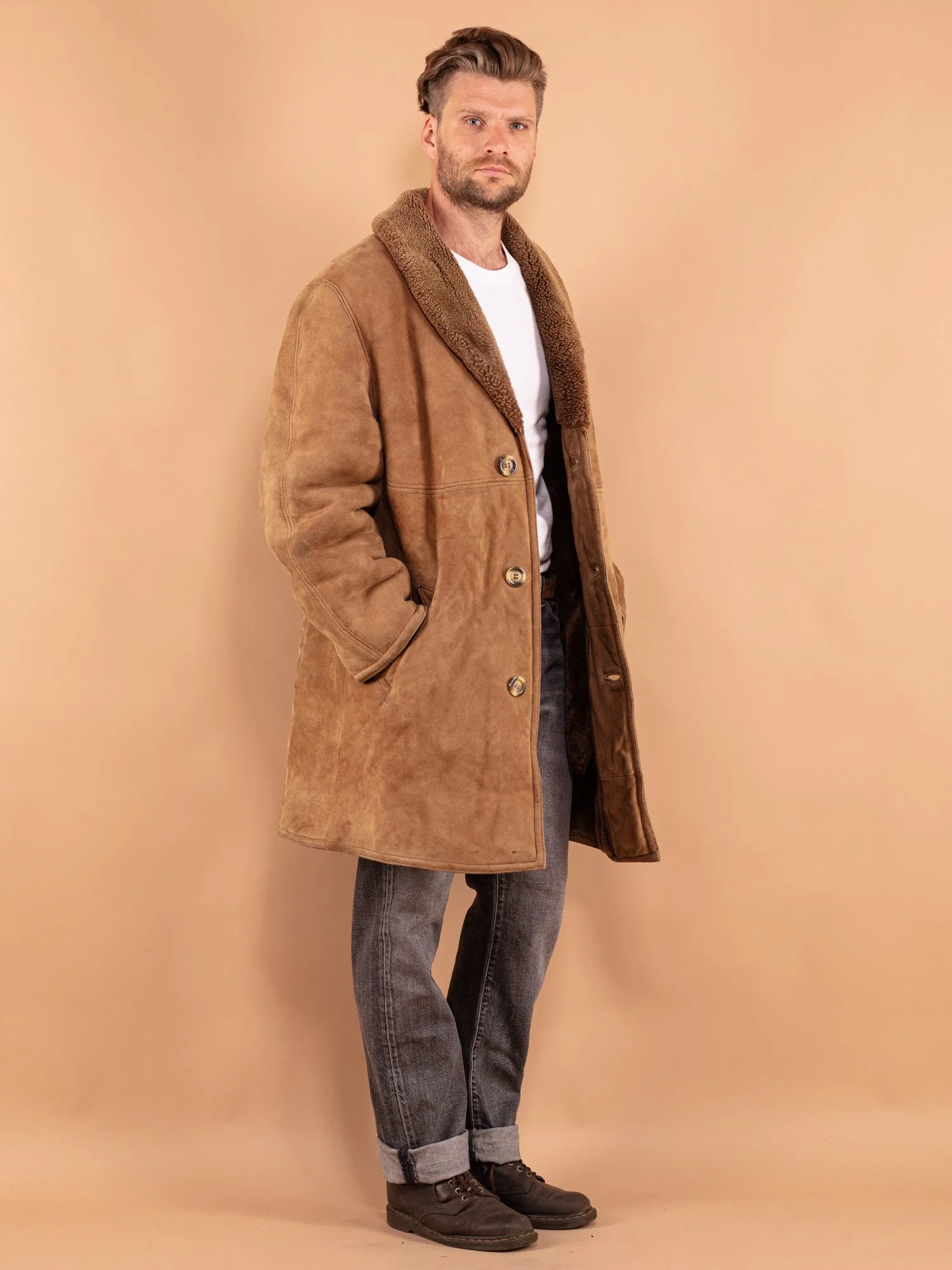 Vintage 80's Men Oversized Sheepskin Coat in Beige