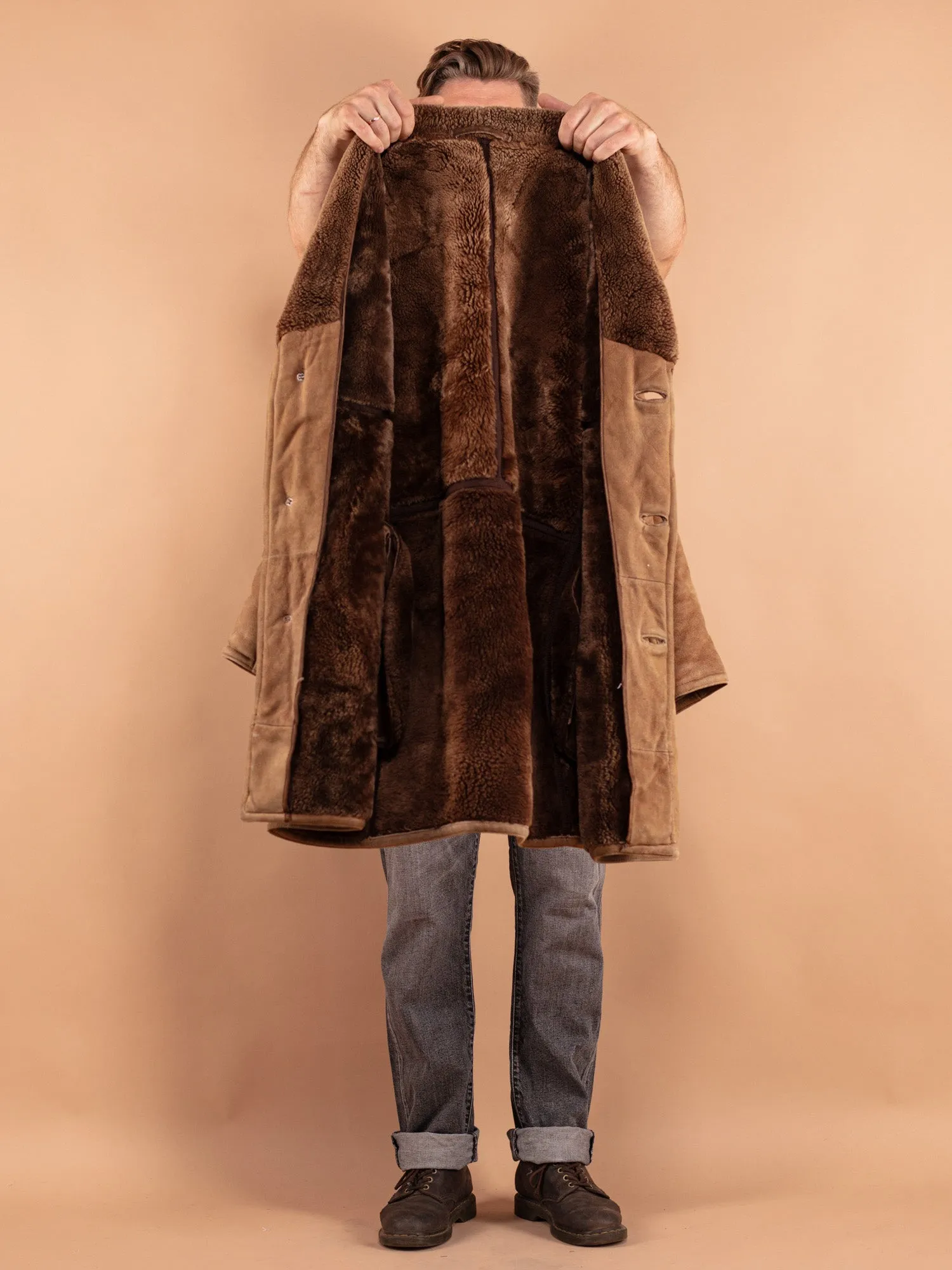 Vintage 80's Men Oversized Sheepskin Coat in Beige