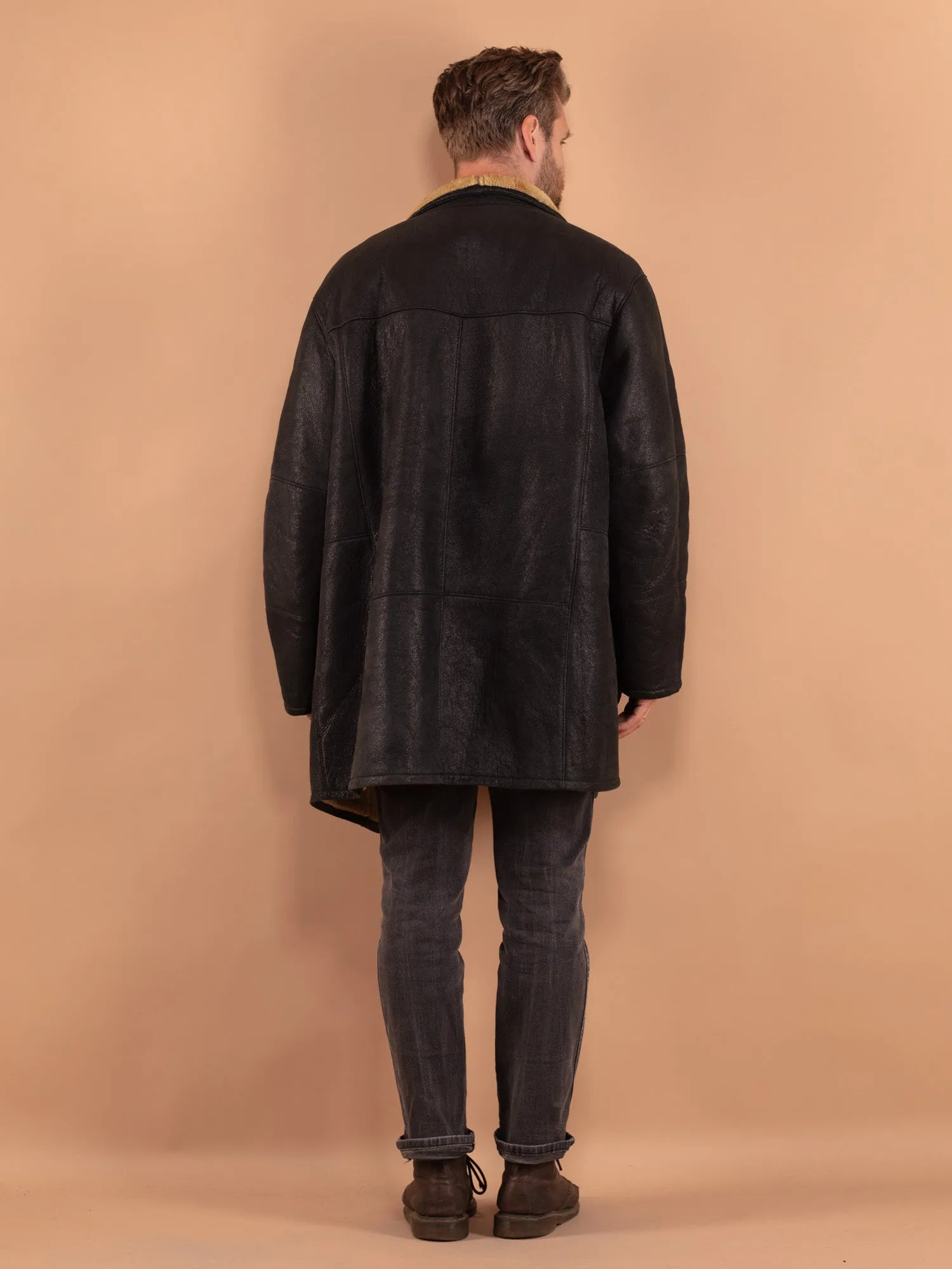 Vintage 80's Men Oversized Sheepskin Coat in Black