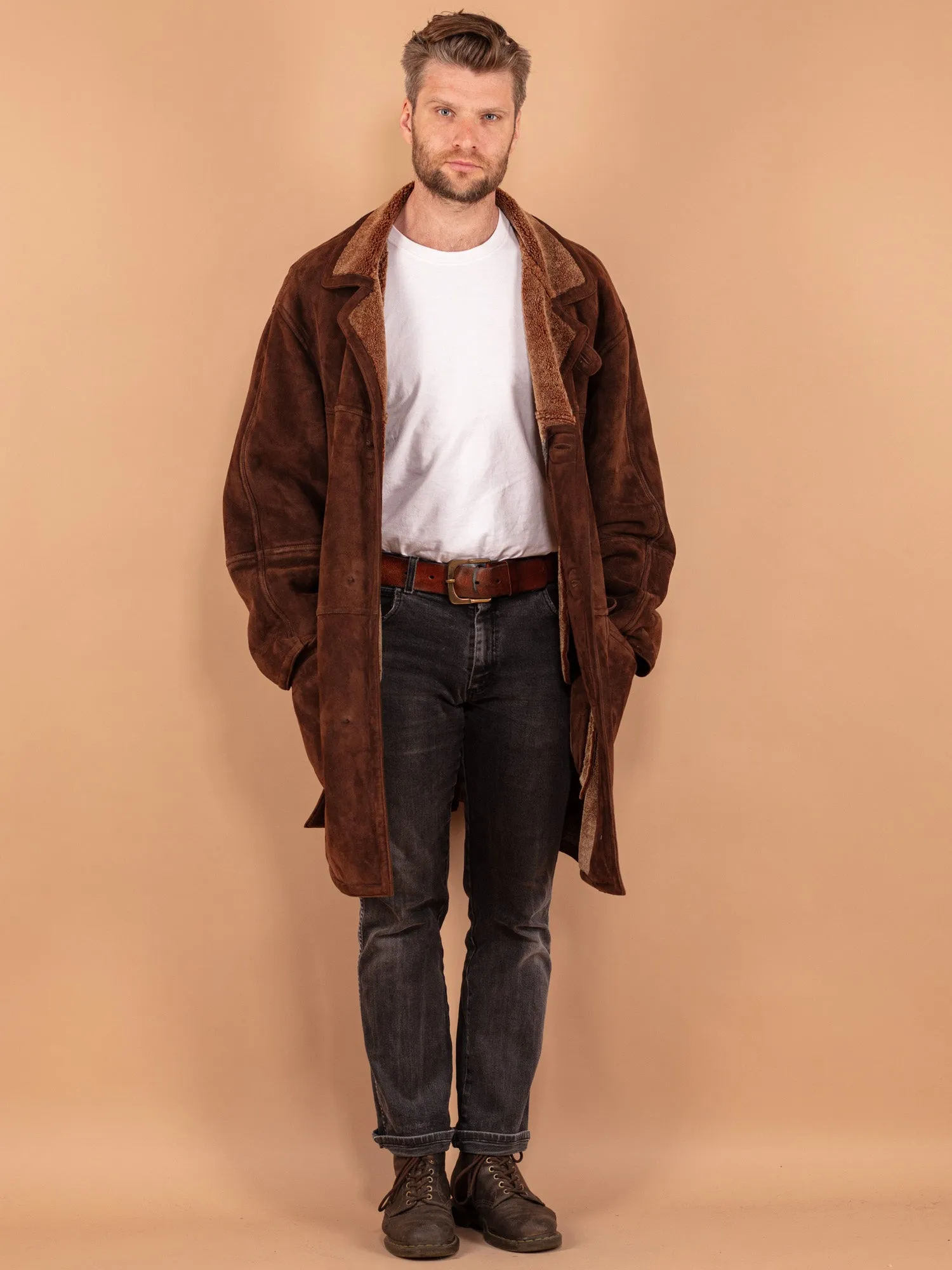 Vintage 80's Men Oversized Sheepskin Coat in Brown