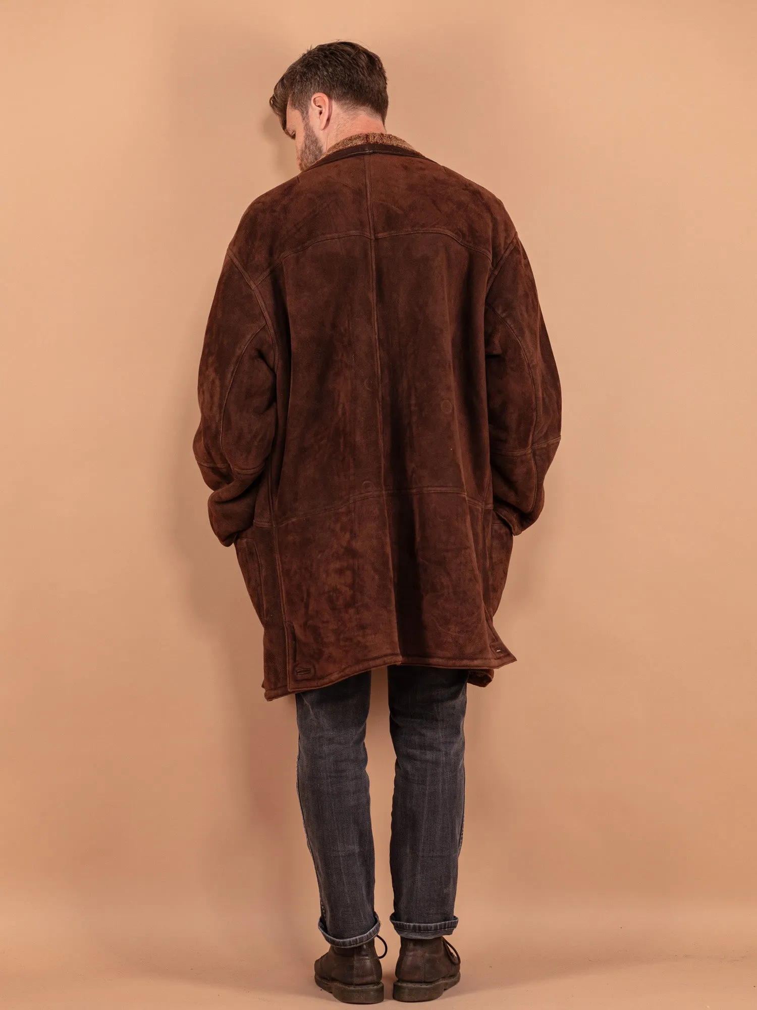 Vintage 80's Men Oversized Sheepskin Coat in Brown