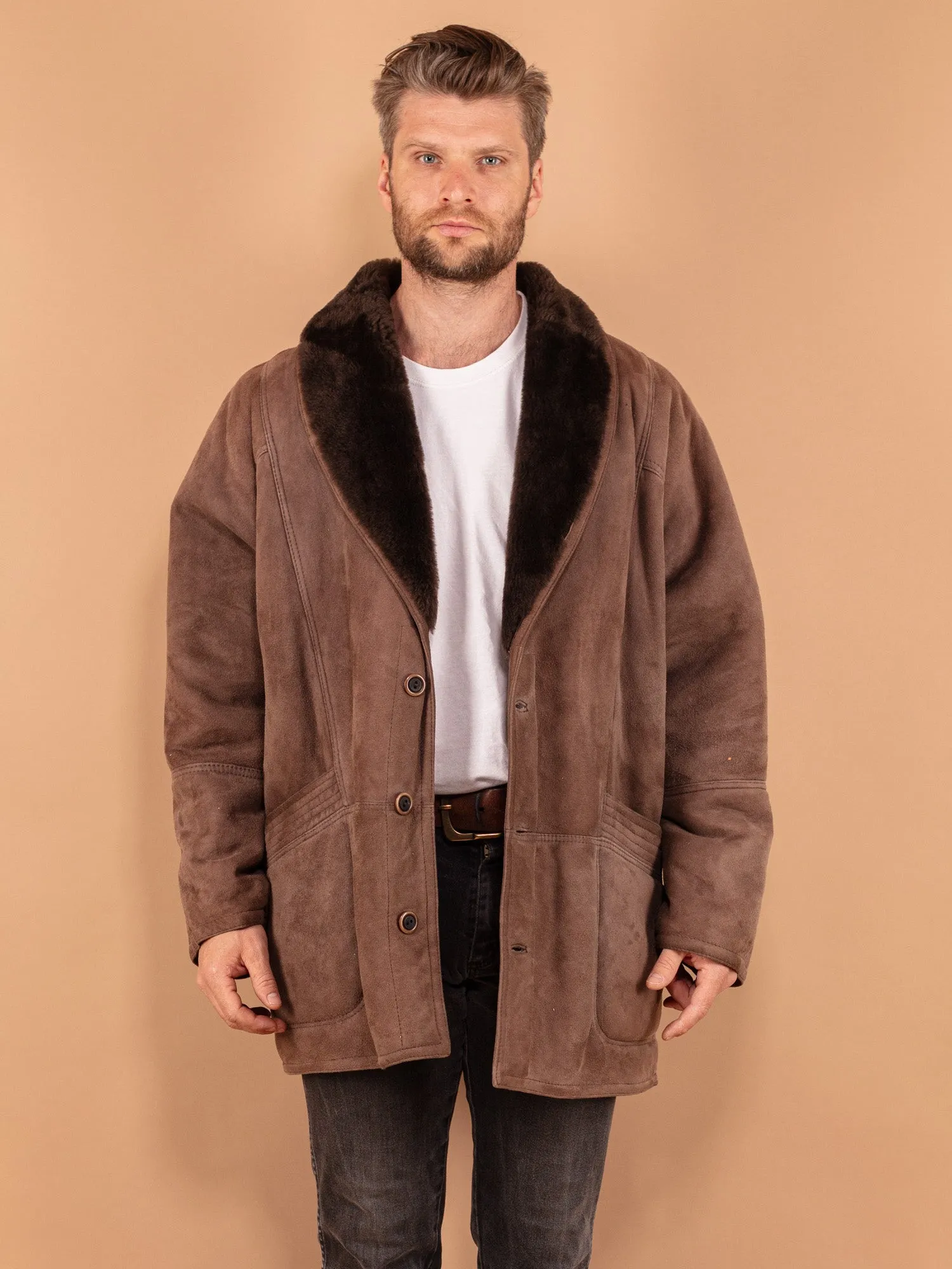 Vintage 80's Men Sheepskin Coat in Brown