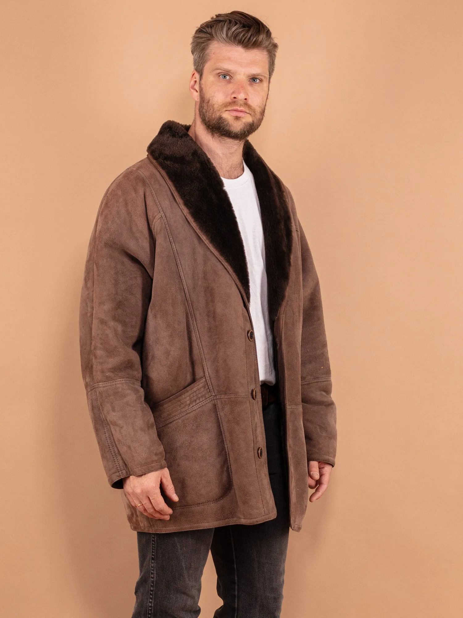 Vintage 80's Men Sheepskin Coat in Brown