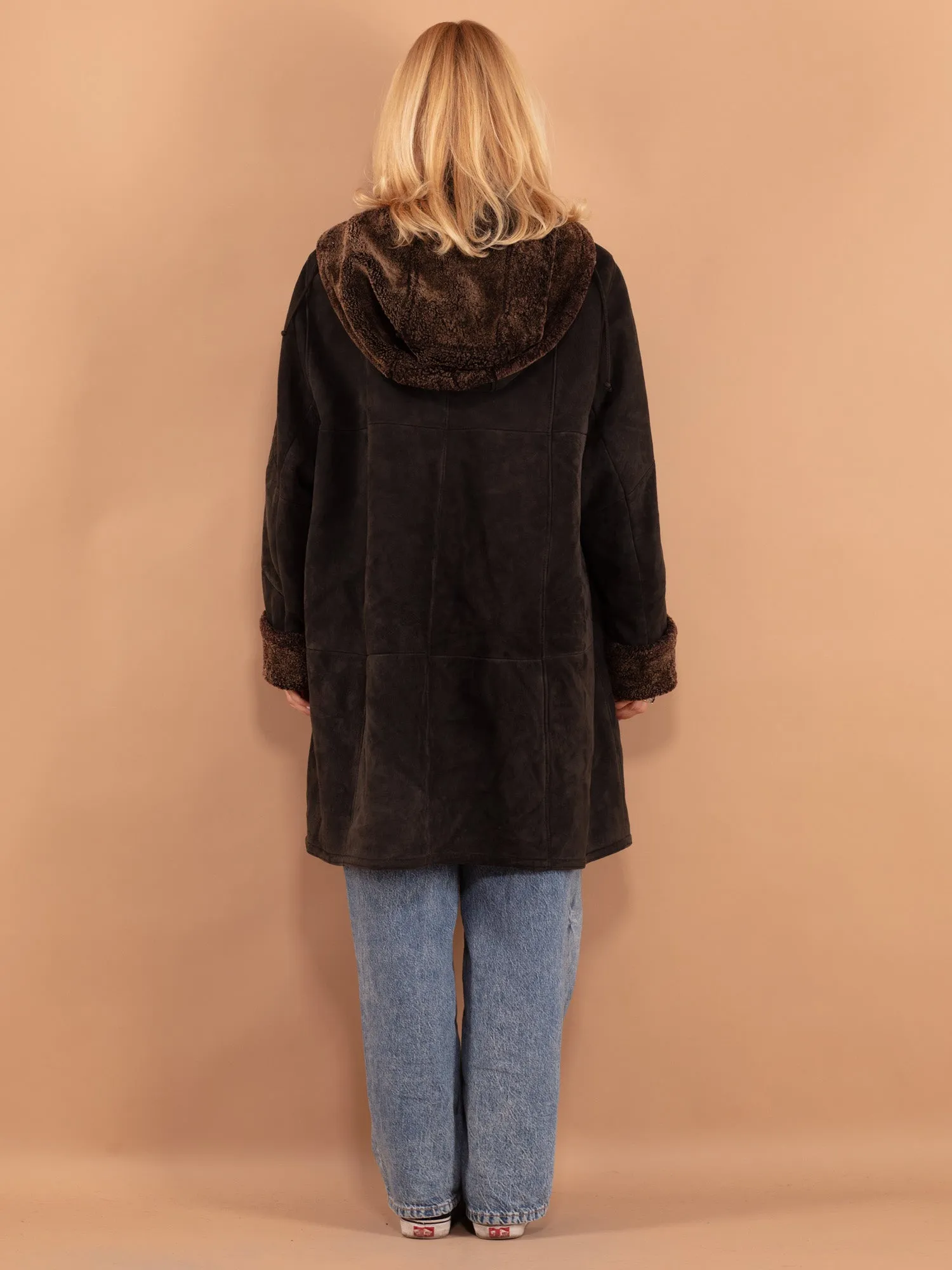 Vintage 80's Women Hooded Sheepskin Coat in Black