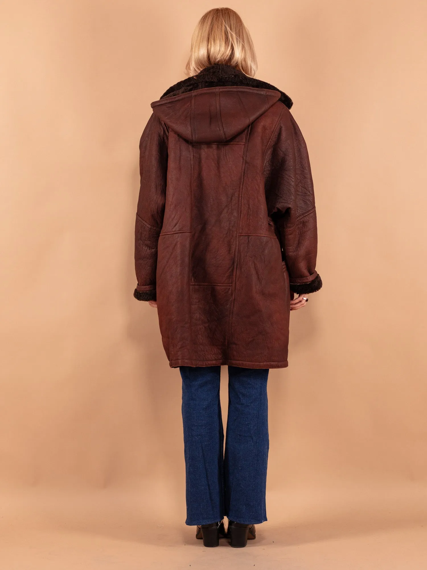 Vintage 80's Women Hooded Sheepskin Coat in Brown