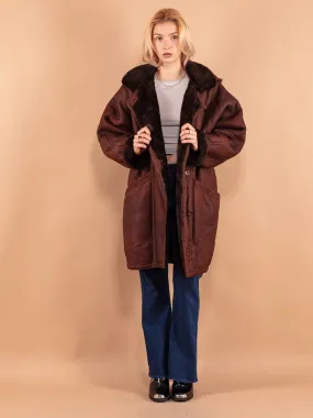 Vintage 80's Women Hooded Sheepskin Coat in Brown