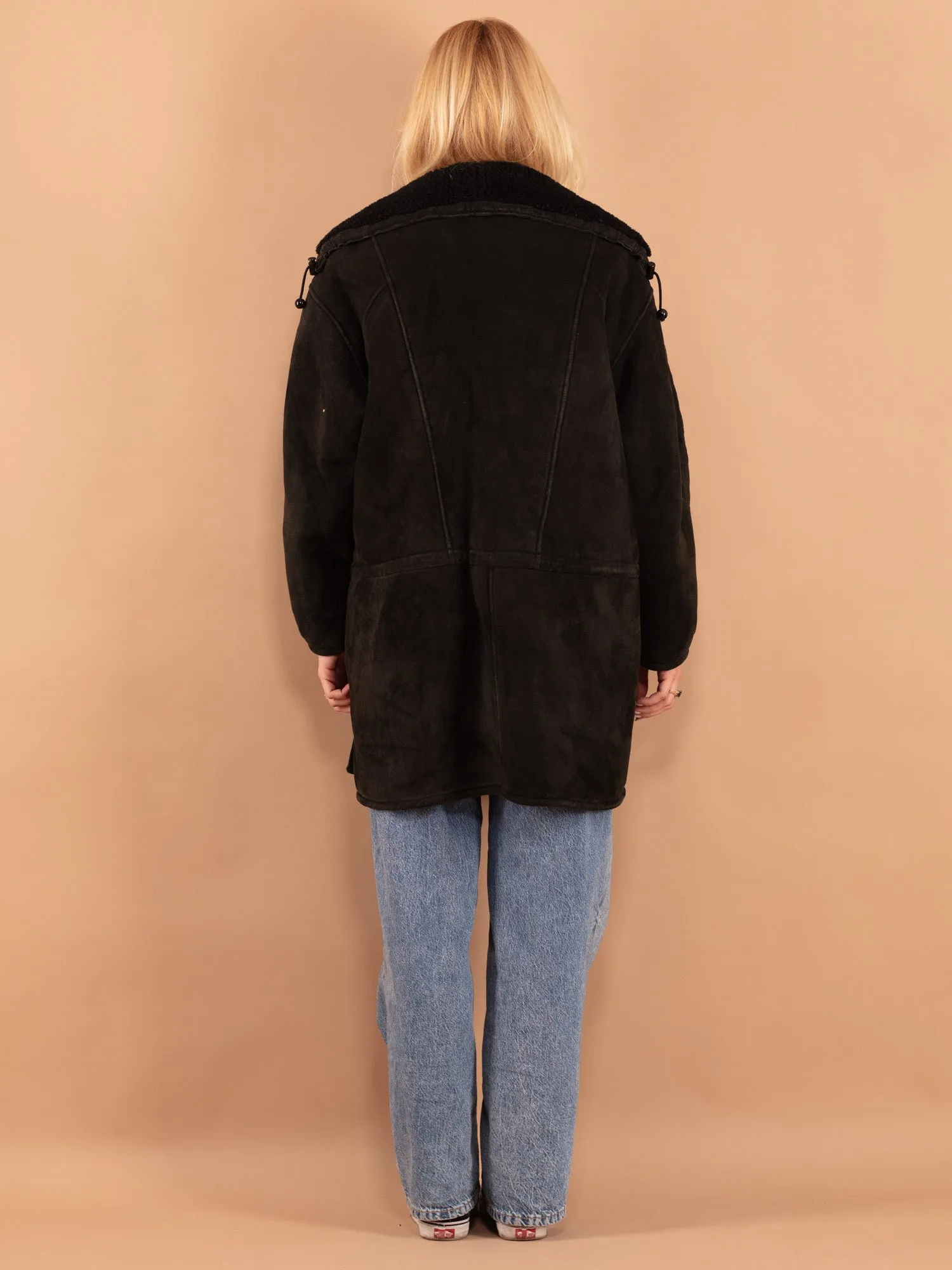 Vintage 80's Women Oversized Sheepskin Coat in Black