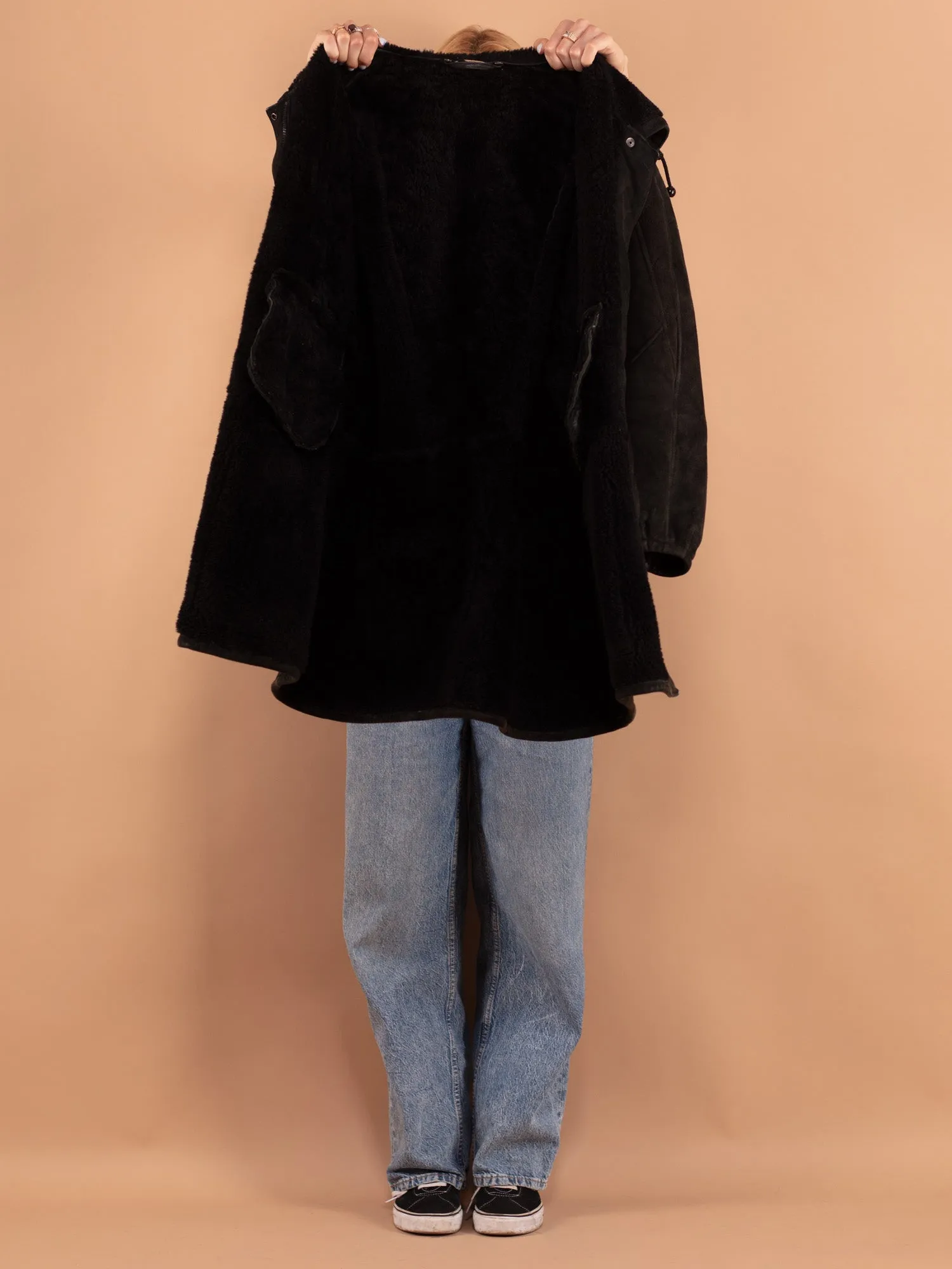 Vintage 80's Women Oversized Sheepskin Coat in Black