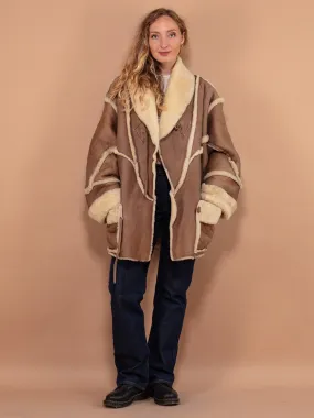 Vintage 80's Women Oversized Sheepskin Coat in Brown