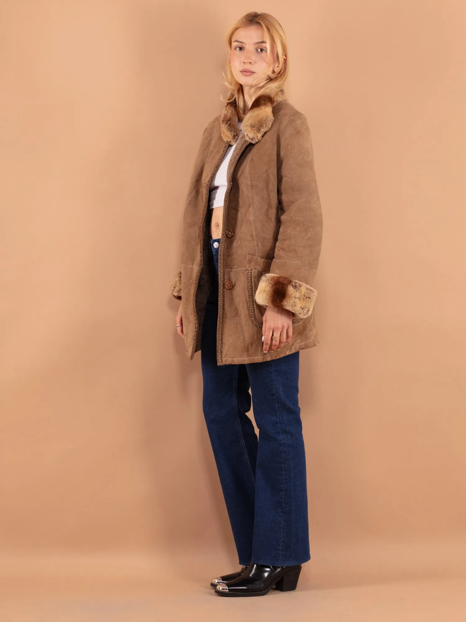 Vintage 80's Women Sheepskin Fur Coat in Beige