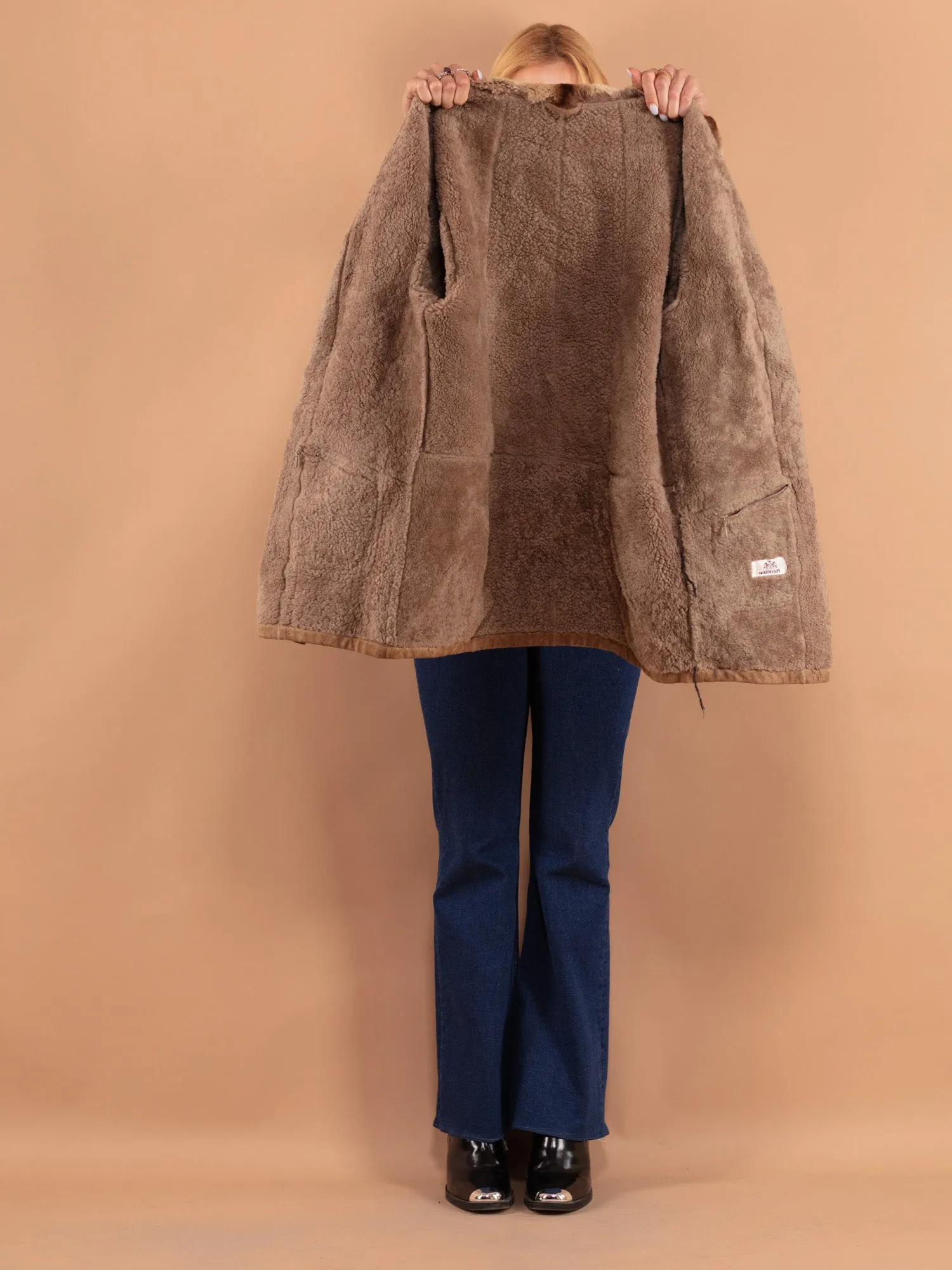 Vintage 80's Women Sheepskin Fur Coat in Beige