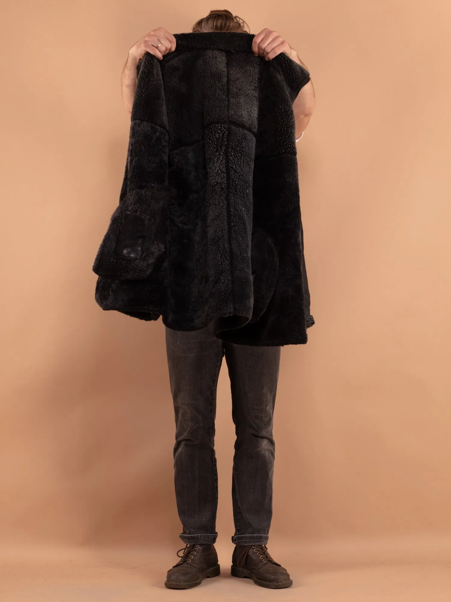 Vintage 90's Men Faded Sheepskin Coat in Black