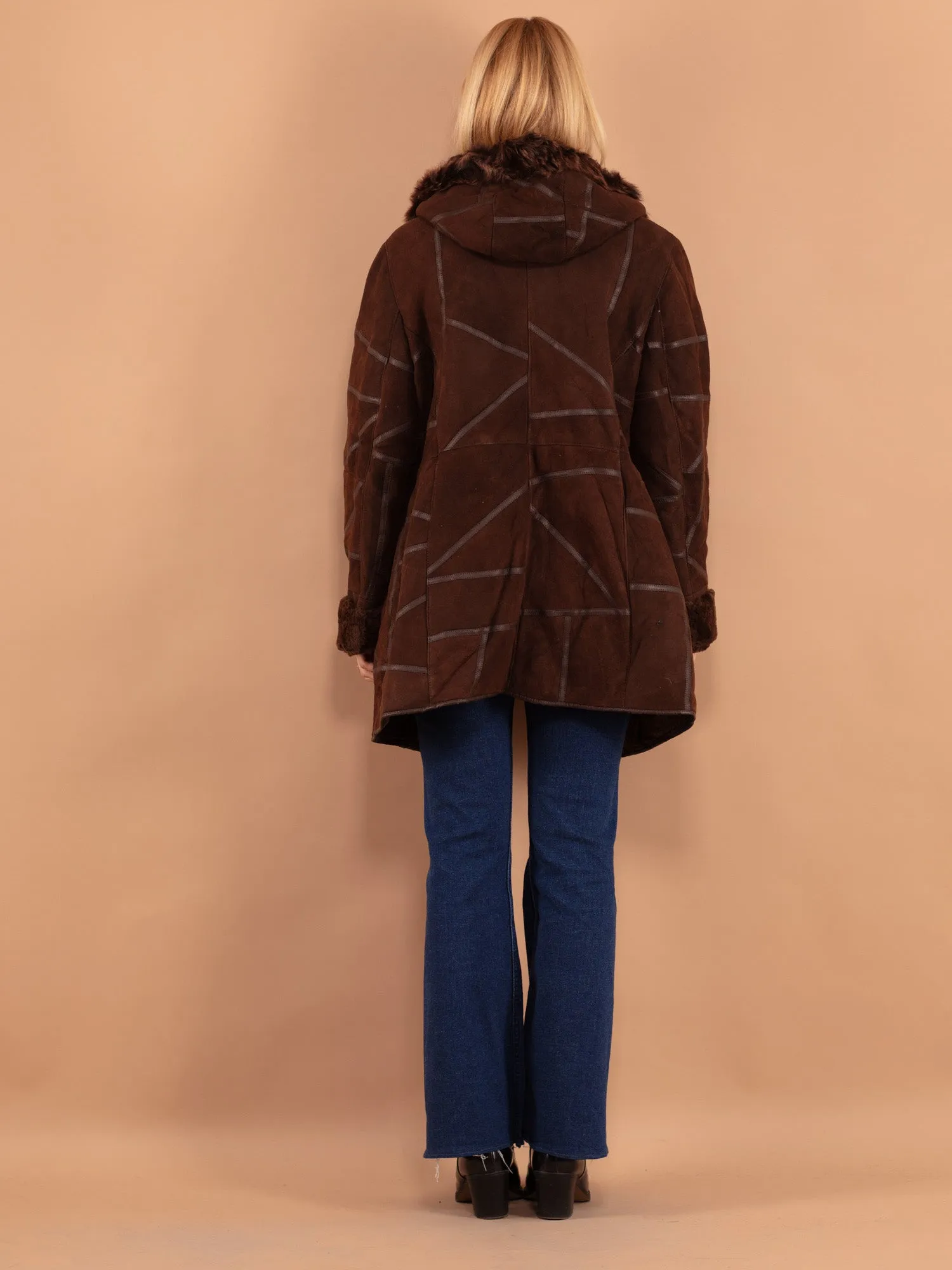 Vintage 90's Women Hooded Sheepskin Coat in Brown