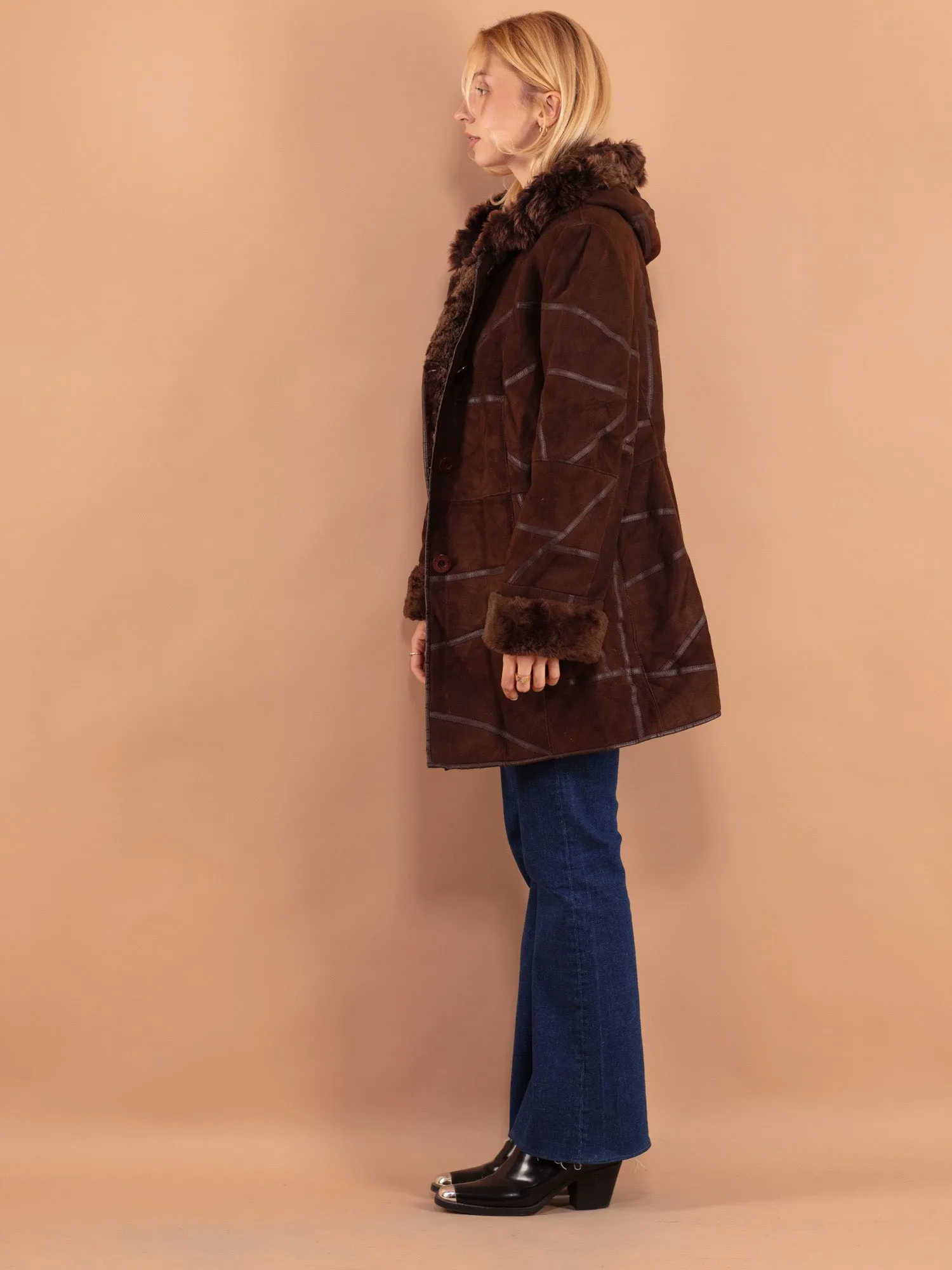 Vintage 90's Women Hooded Sheepskin Coat in Brown