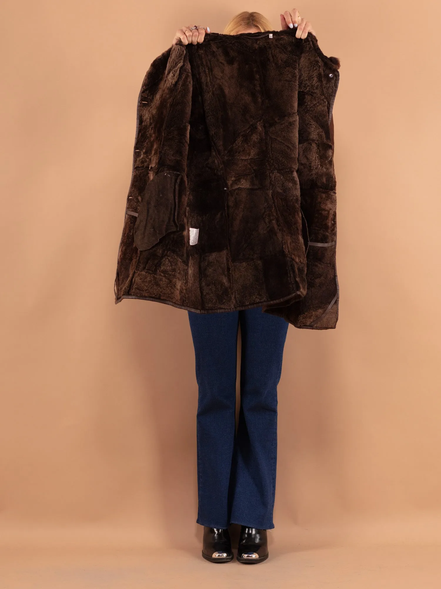 Vintage 90's Women Hooded Sheepskin Coat in Brown