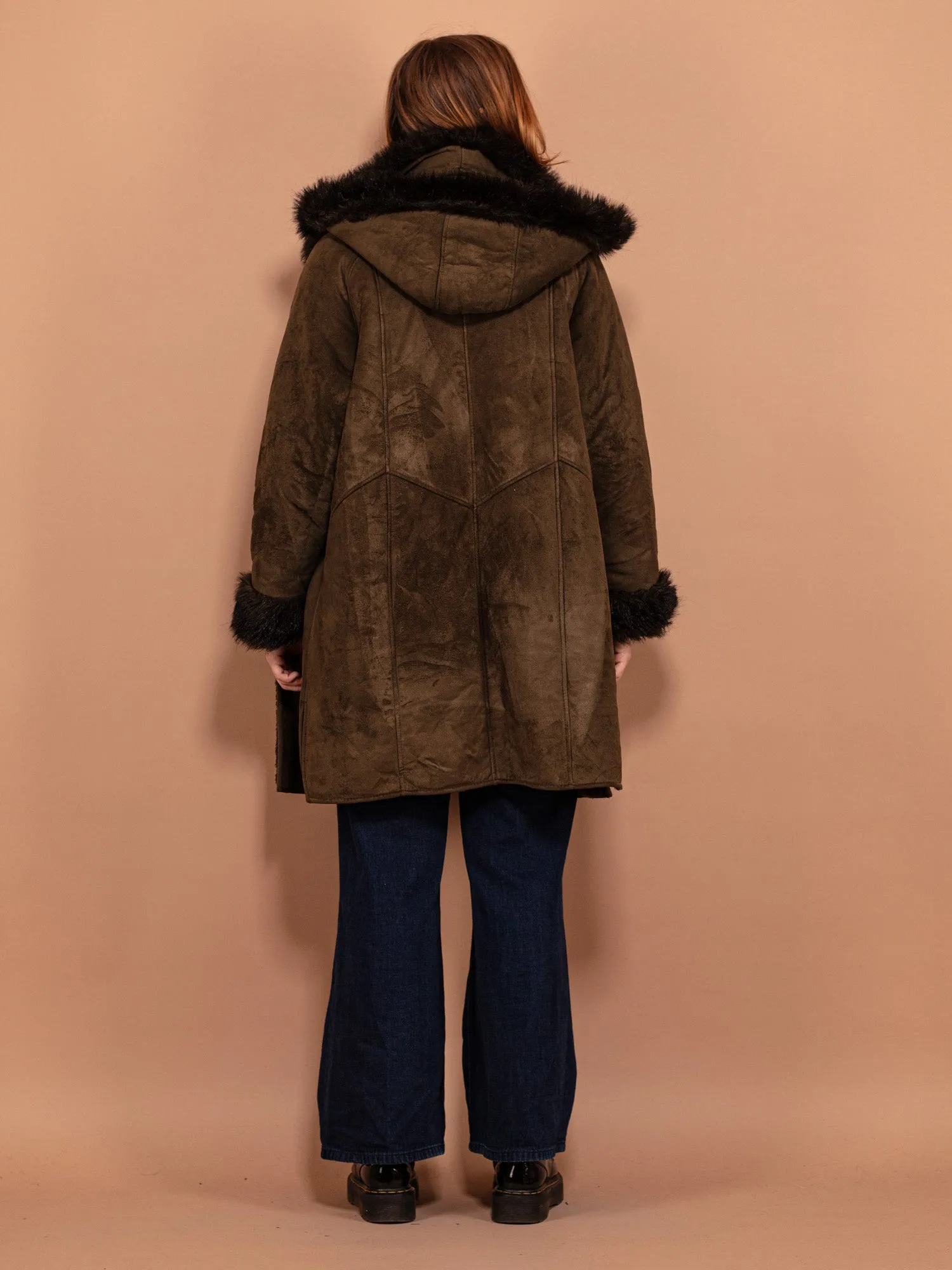 Vintage 90's Women Hooded Sherpa Coat in Moss Green