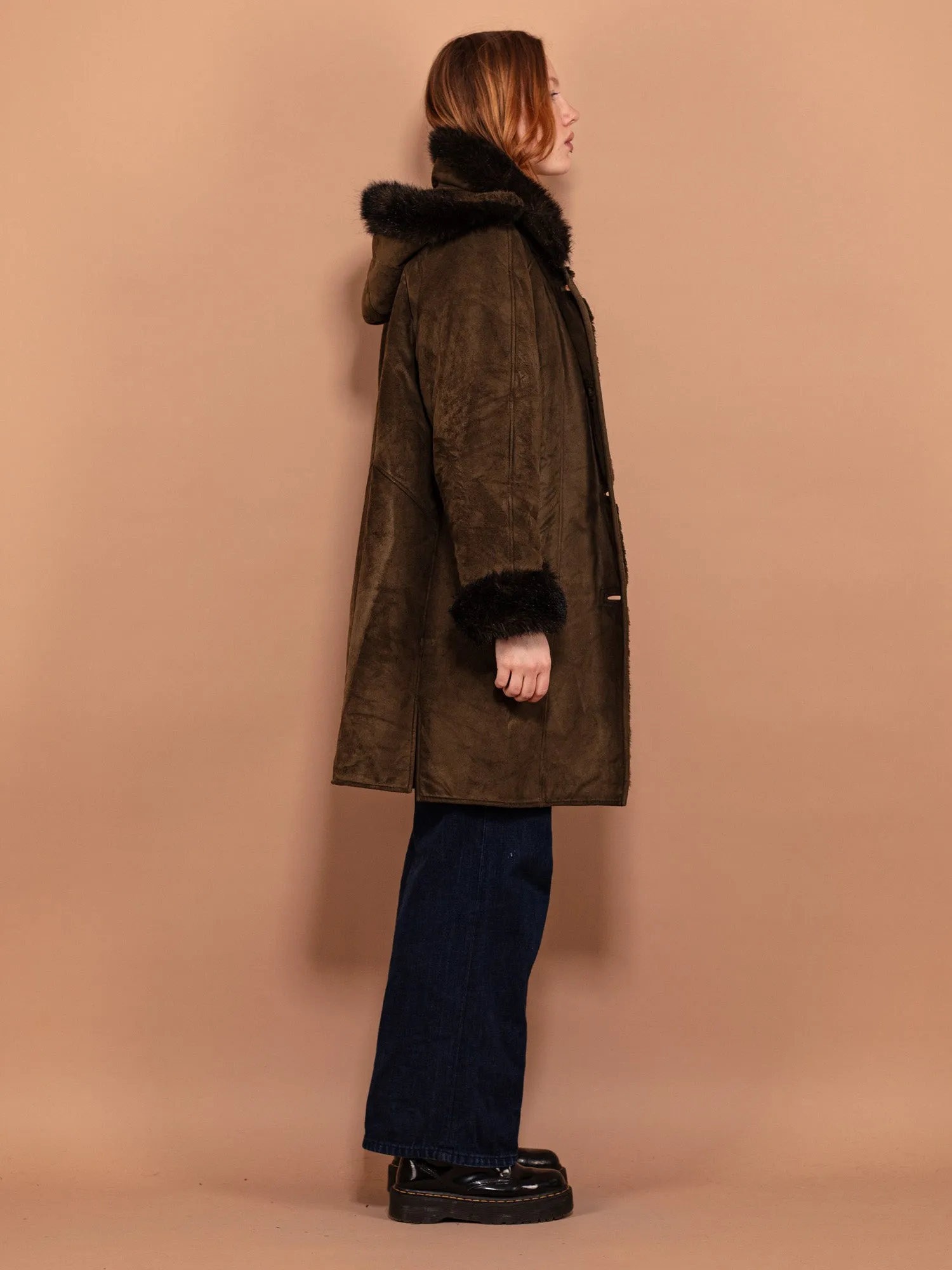 Vintage 90's Women Hooded Sherpa Coat in Moss Green