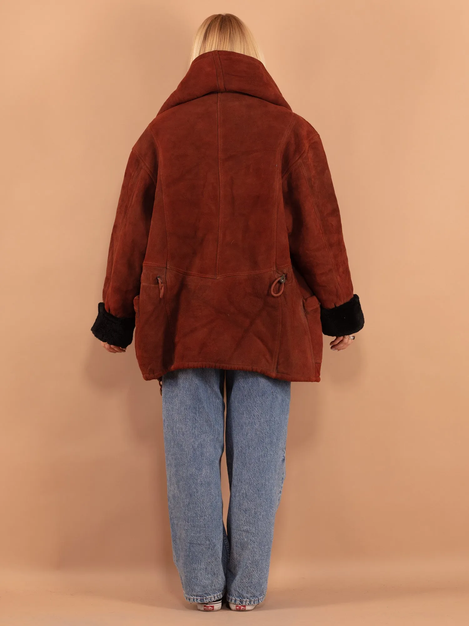 Vintage 90's Women Oversized Sheepskin Coat in Brown