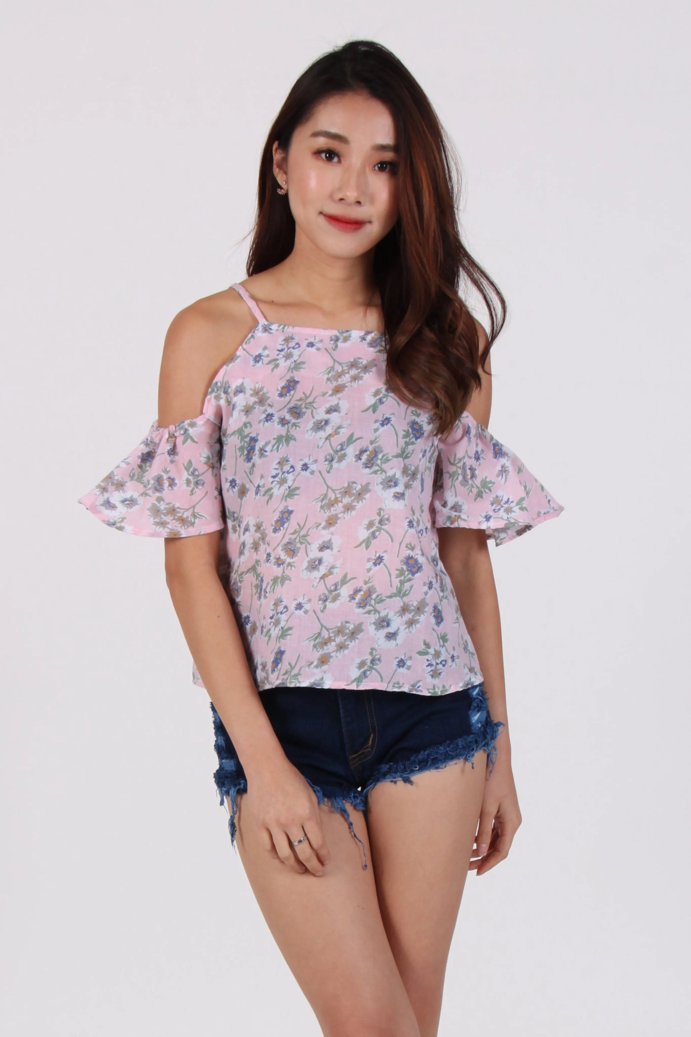 White Floral Cold-Shoulder Top In Pink