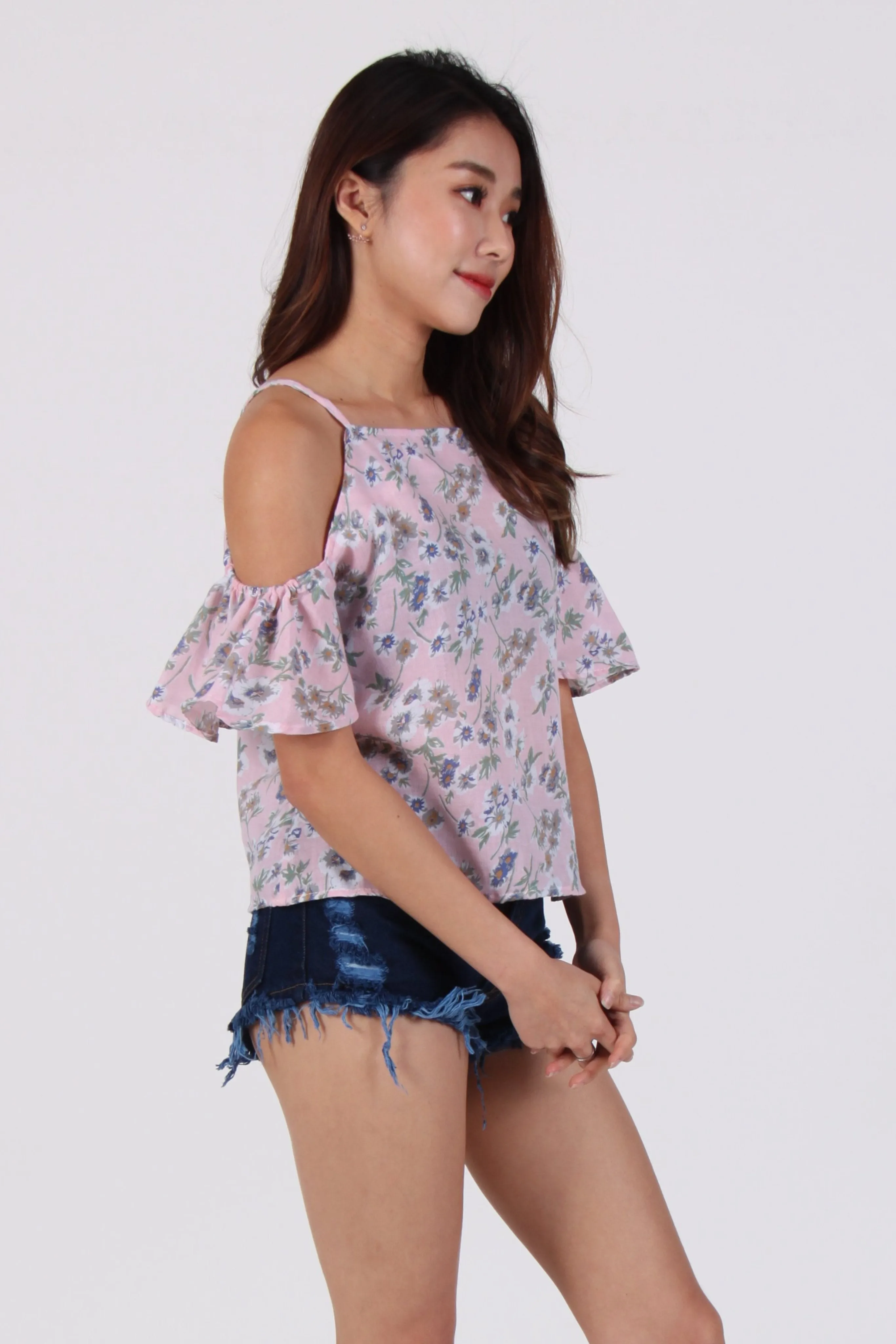 White Floral Cold-Shoulder Top In Pink