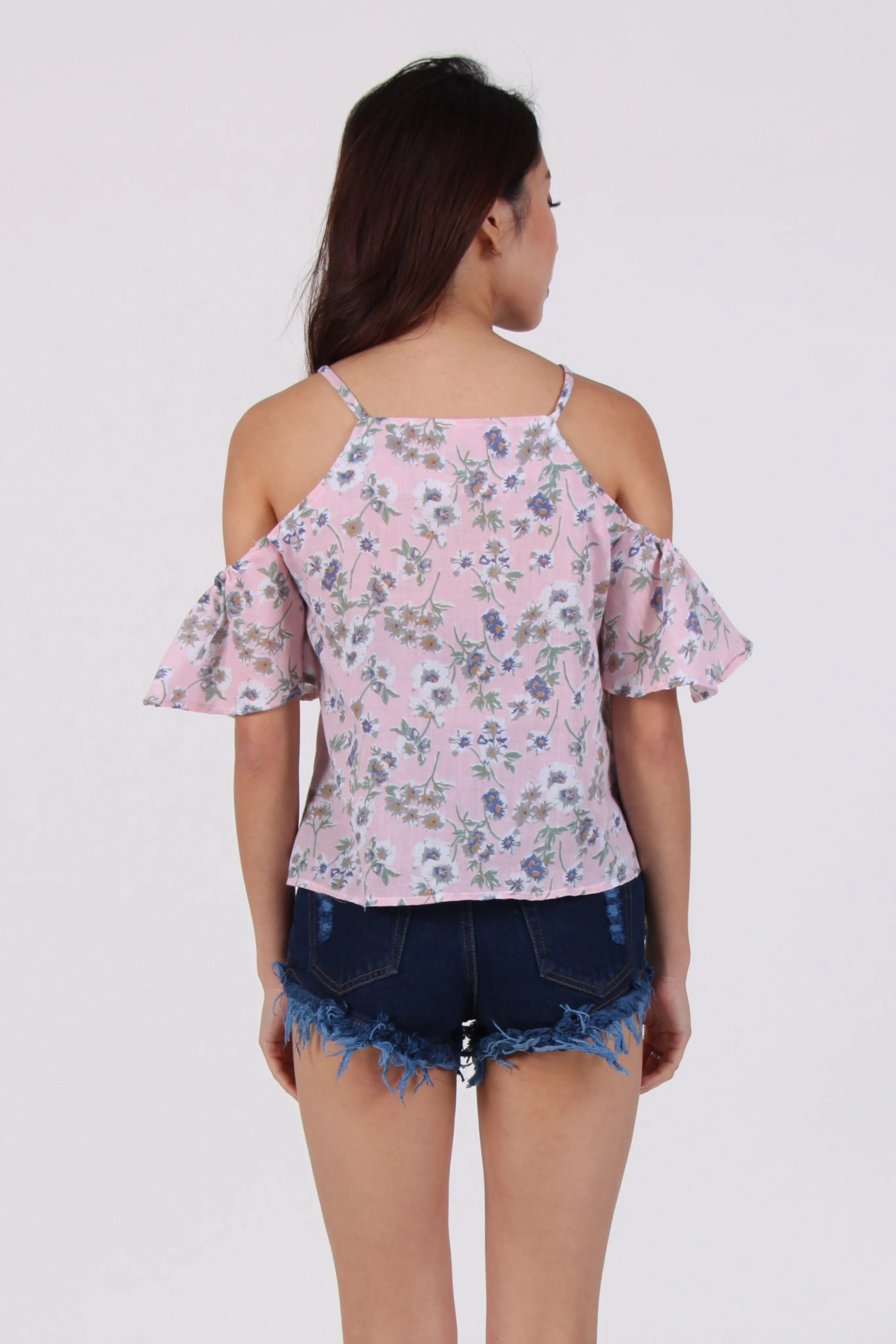 White Floral Cold-Shoulder Top In Pink