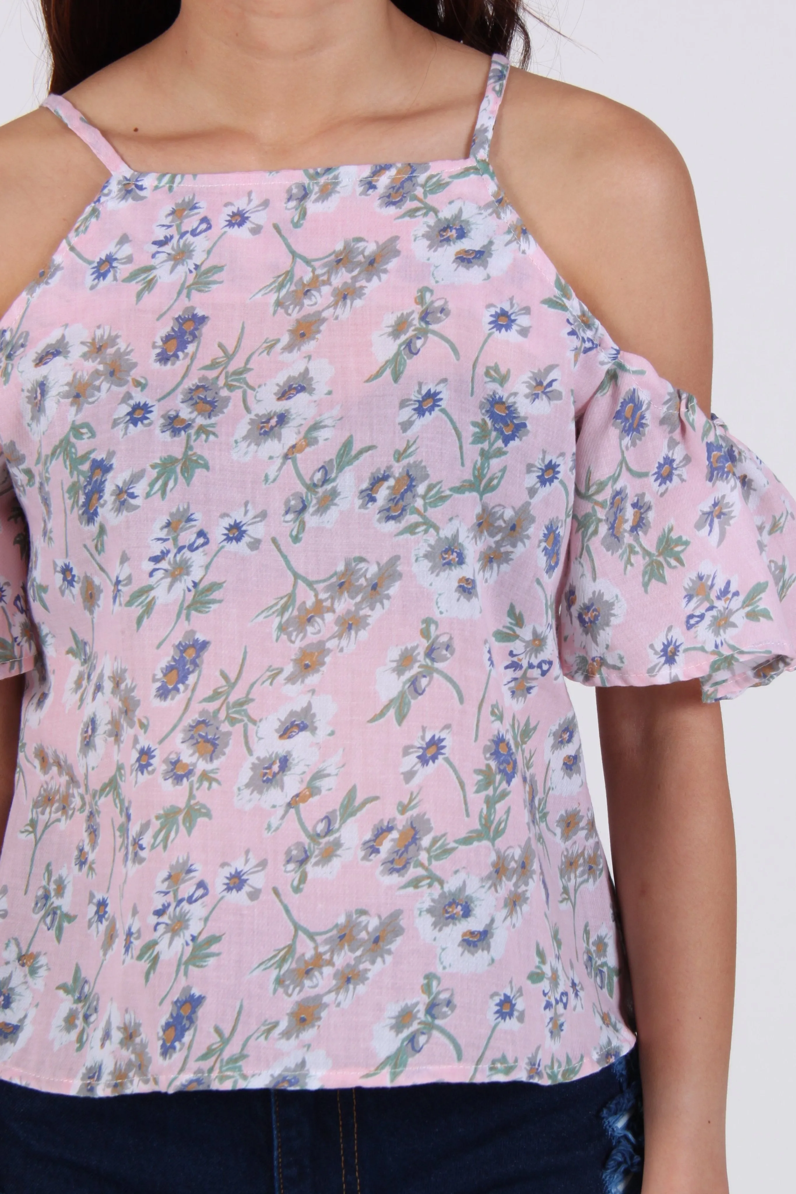 White Floral Cold-Shoulder Top In Pink