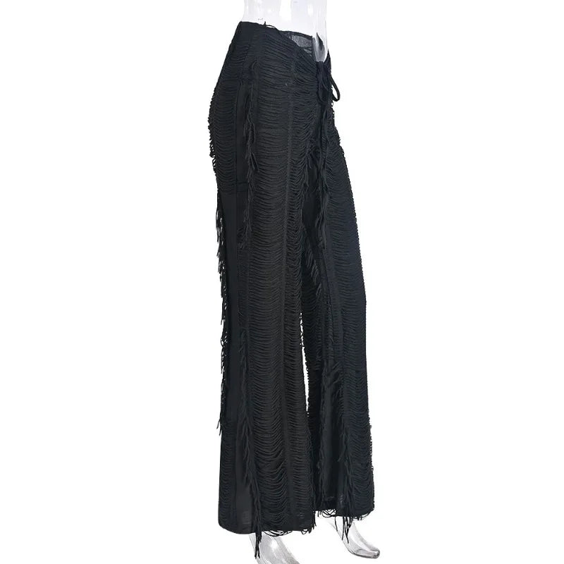 Women's Fashion Drawstring Solid Pattern Tassel Casual Flare Pants