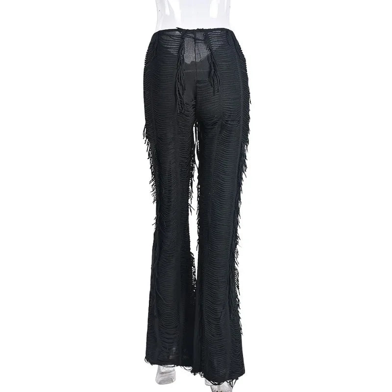 Women's Fashion Drawstring Solid Pattern Tassel Casual Flare Pants