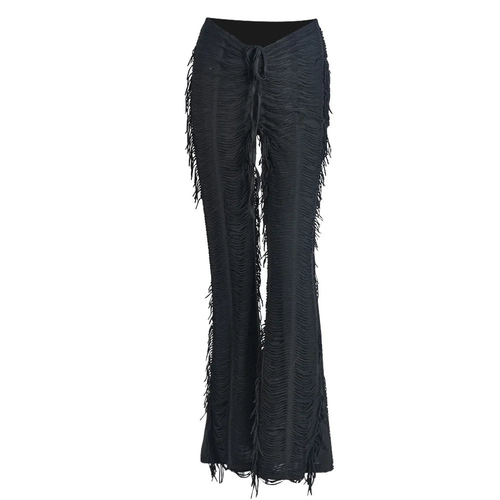 Women's Fashion Drawstring Solid Pattern Tassel Casual Flare Pants