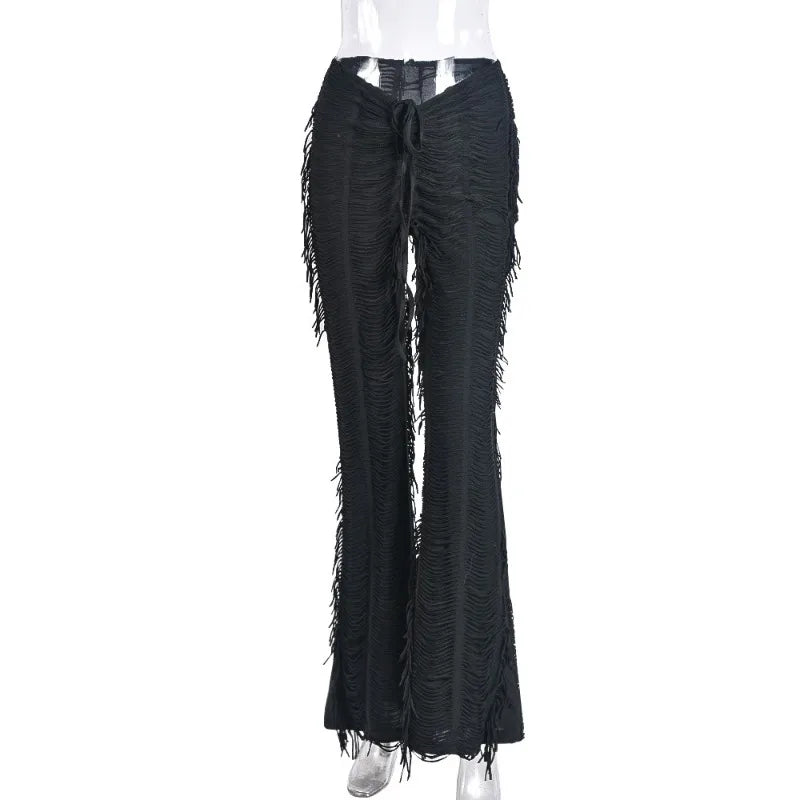 Women's Fashion Drawstring Solid Pattern Tassel Casual Flare Pants