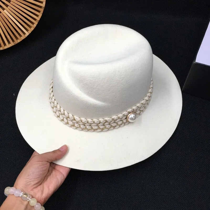 Women's Winter Casual Elegant Pearl White Wool Fashion Hats