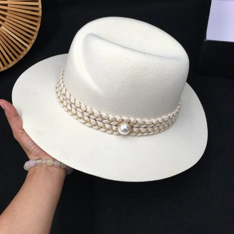 Women's Winter Casual Elegant Pearl White Wool Fashion Hats