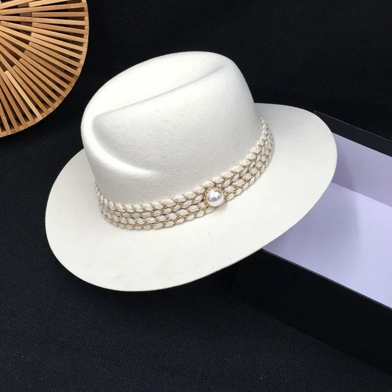 Women's Winter Casual Elegant Pearl White Wool Fashion Hats