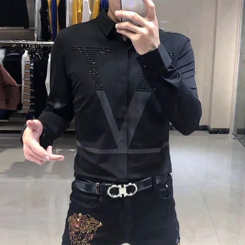 Xituodai Spring Autumn Personality Diamonds Letter Printing Shirt Hombre Long Sleeve Casual Fashion All-match Bottoming Blouse M