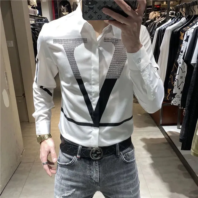 Xituodai Spring Autumn Personality Diamonds Letter Printing Shirt Hombre Long Sleeve Casual Fashion All-match Bottoming Blouse M