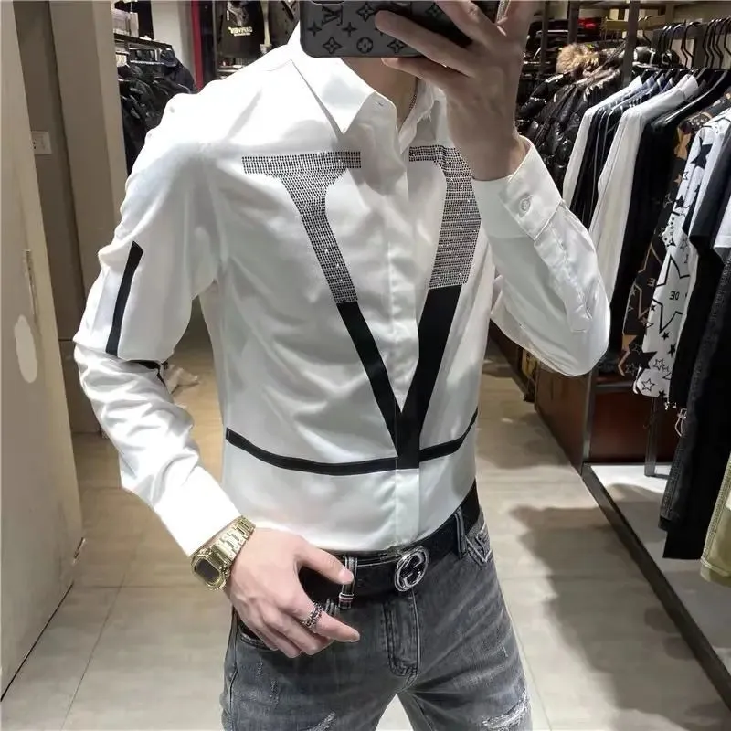 Xituodai Spring Autumn Personality Diamonds Letter Printing Shirt Hombre Long Sleeve Casual Fashion All-match Bottoming Blouse M