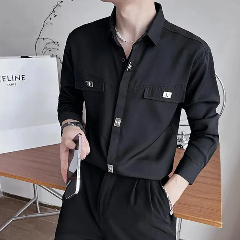 Xituodai Spring Autumn Polo-neck Solid Color Long Sleeve Shirt Male Black Casual Fashion Pants Set Men All-match Cardigan Blouse