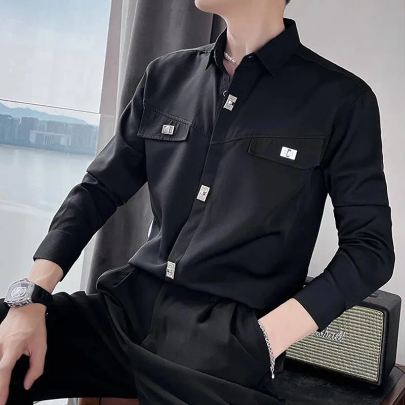 Xituodai Spring Autumn Polo-neck Solid Color Long Sleeve Shirt Male Black Casual Fashion Pants Set Men All-match Cardigan Blouse