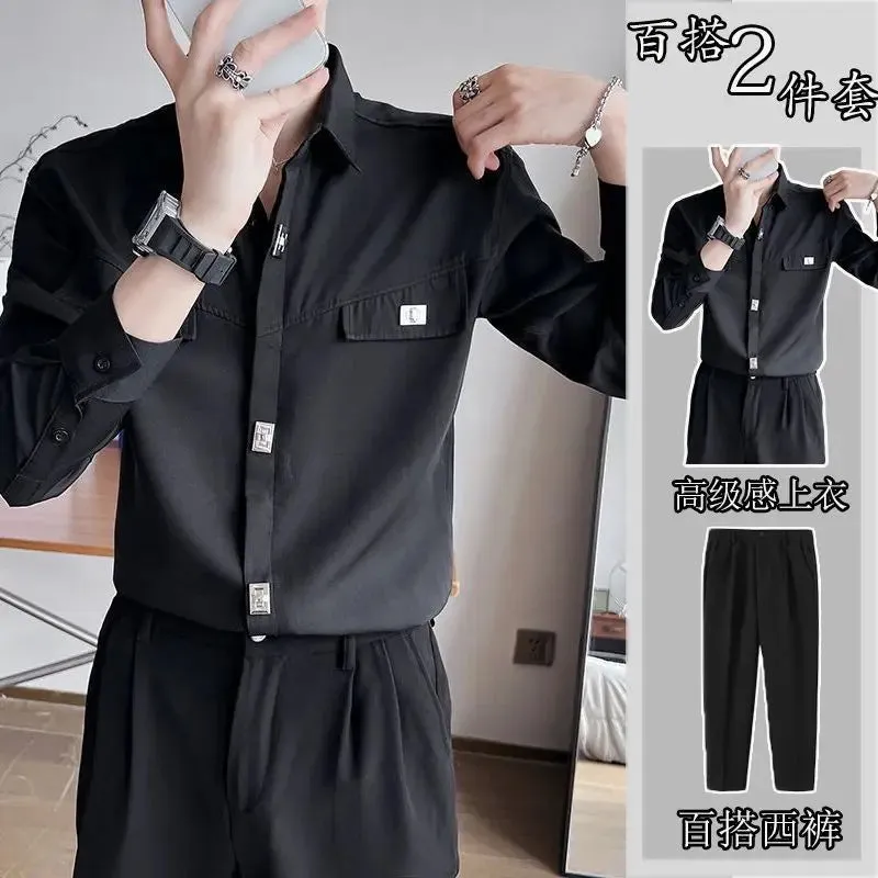 Xituodai Spring Autumn Polo-neck Solid Color Long Sleeve Shirt Male Black Casual Fashion Pants Set Men All-match Cardigan Blouse