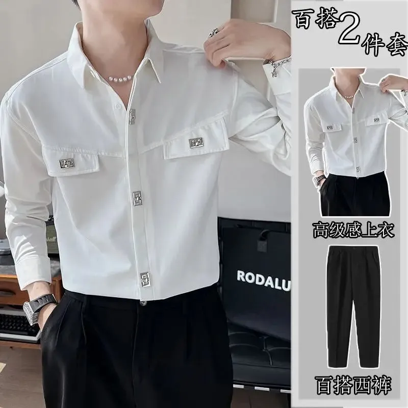 Xituodai Spring Autumn Polo-neck Solid Color Long Sleeve Shirt Male Black Casual Fashion Pants Set Men All-match Cardigan Blouse